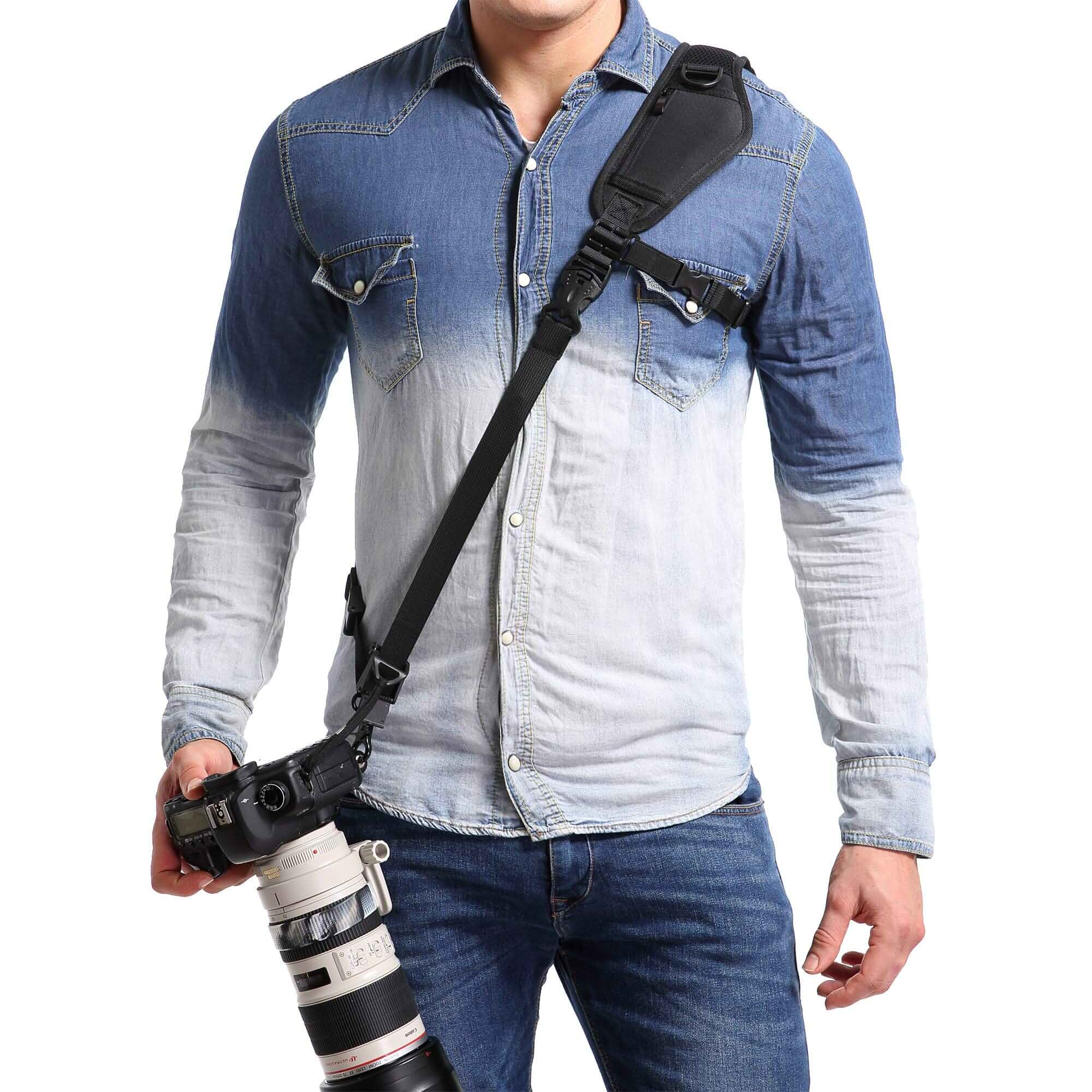 wakaCamera Neck Strap with Quick Release, Safety Tether and Underarm Strap Adjustable Camera Shoulder Sling Strap for Nikon Canon Sony Fuji DSLR Camera, Black