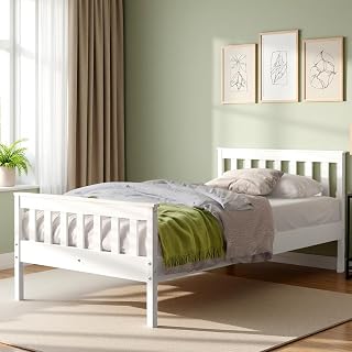 Twin Bed Frame with Headboard & Footboard,13 Wood Slats Support Wooden Platform, No Box Spring Needed, Easy Assembly, Farmhouse Style for Single Kids Room (38x75) -White
