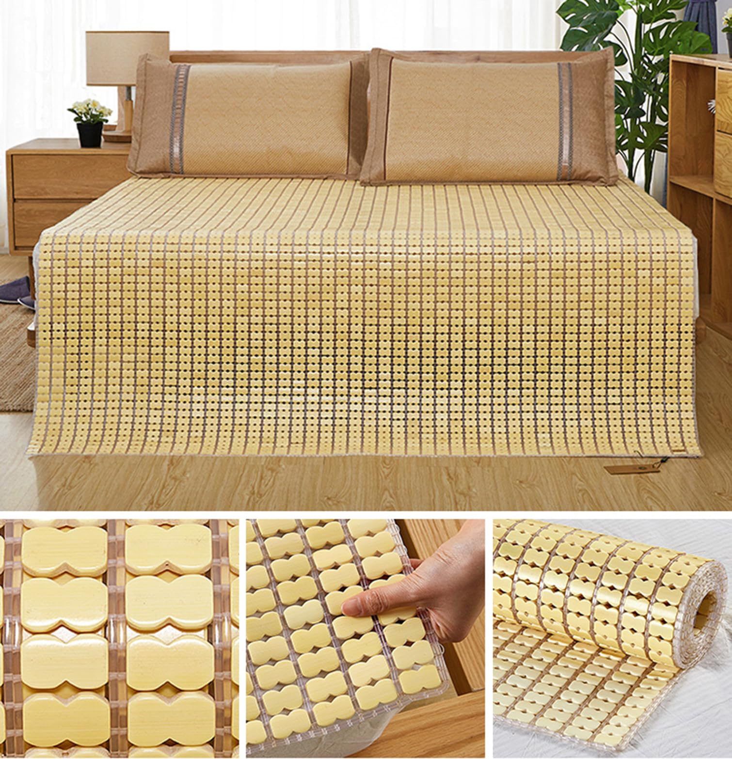 Tapis De Couchage Bambou Été 135x195 Cm – Natte Rafraîchissante Pliante En Bambou Naturel, Matelas Sol Respirant Anti-Chaleur
