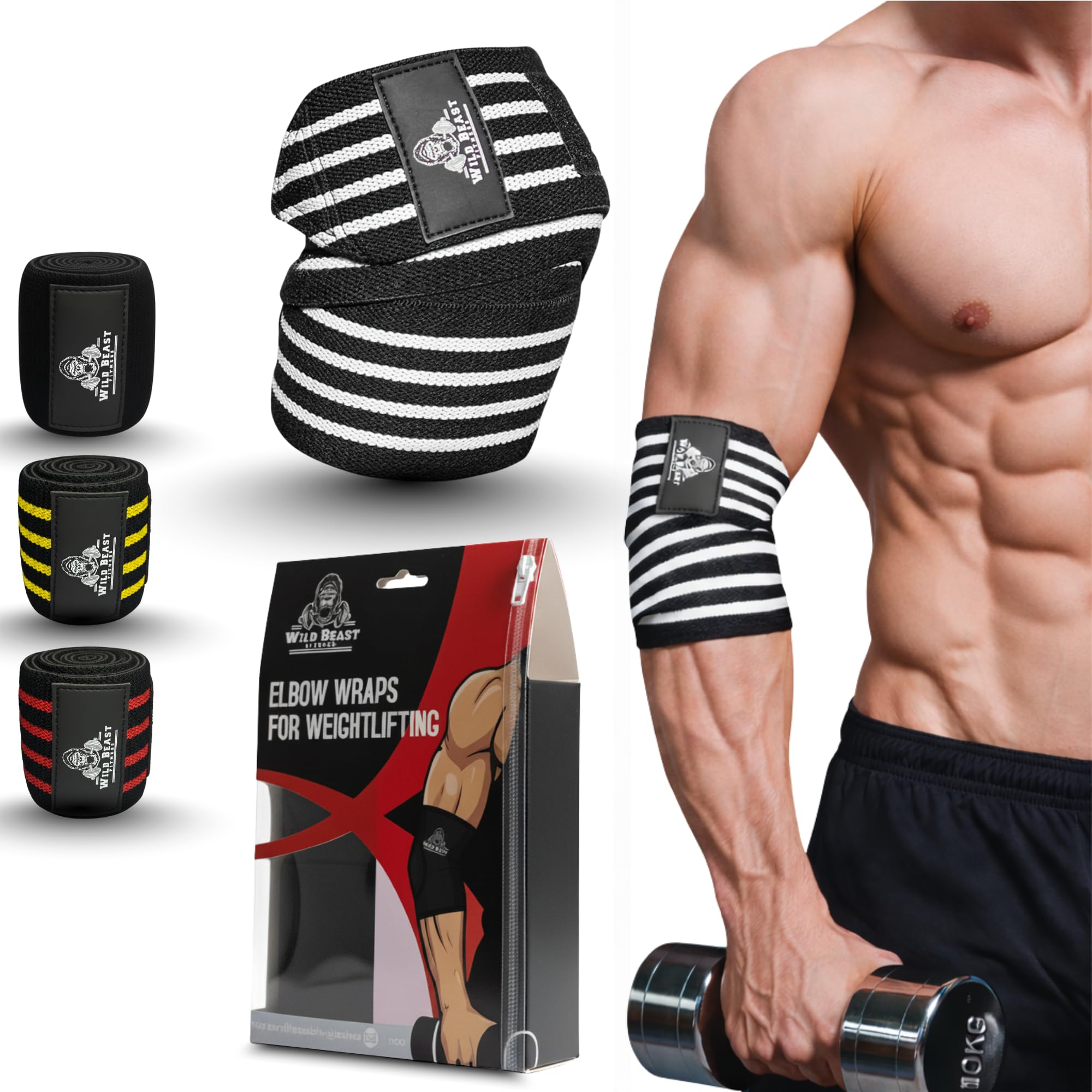 WildBeast Elbow Wraps for Weightlifting Men(Pair), Stretchable 41" Elbow Compression Strap, Weightlifting Strap for Bench Press, Strength Training & Fitness Support (White & Black)