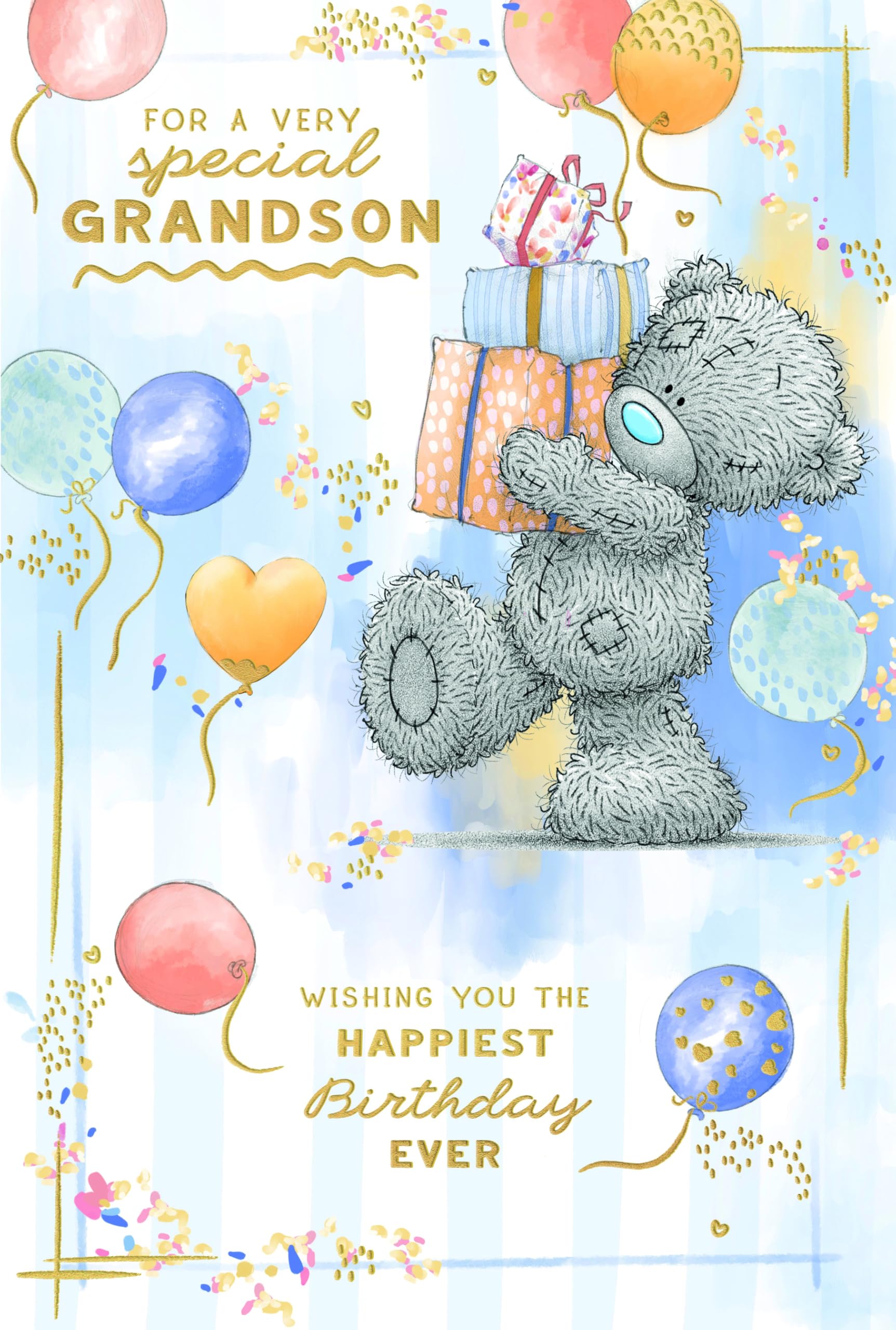 Me To You Tatty Teddy For A Special Grandson Bear With Gifts And Balloons Luxury Gold Foil Birthday Card, 6 X 9 Inches - Official Collection