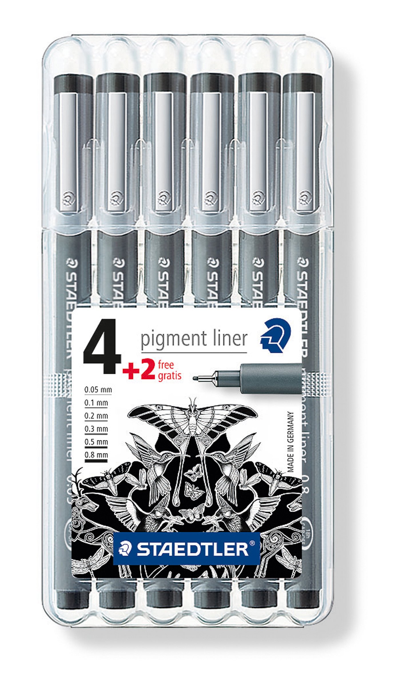 Staedtler Pigment Liner Fineliner 6er Set, mit Box (10x Standard Set Schwarz)