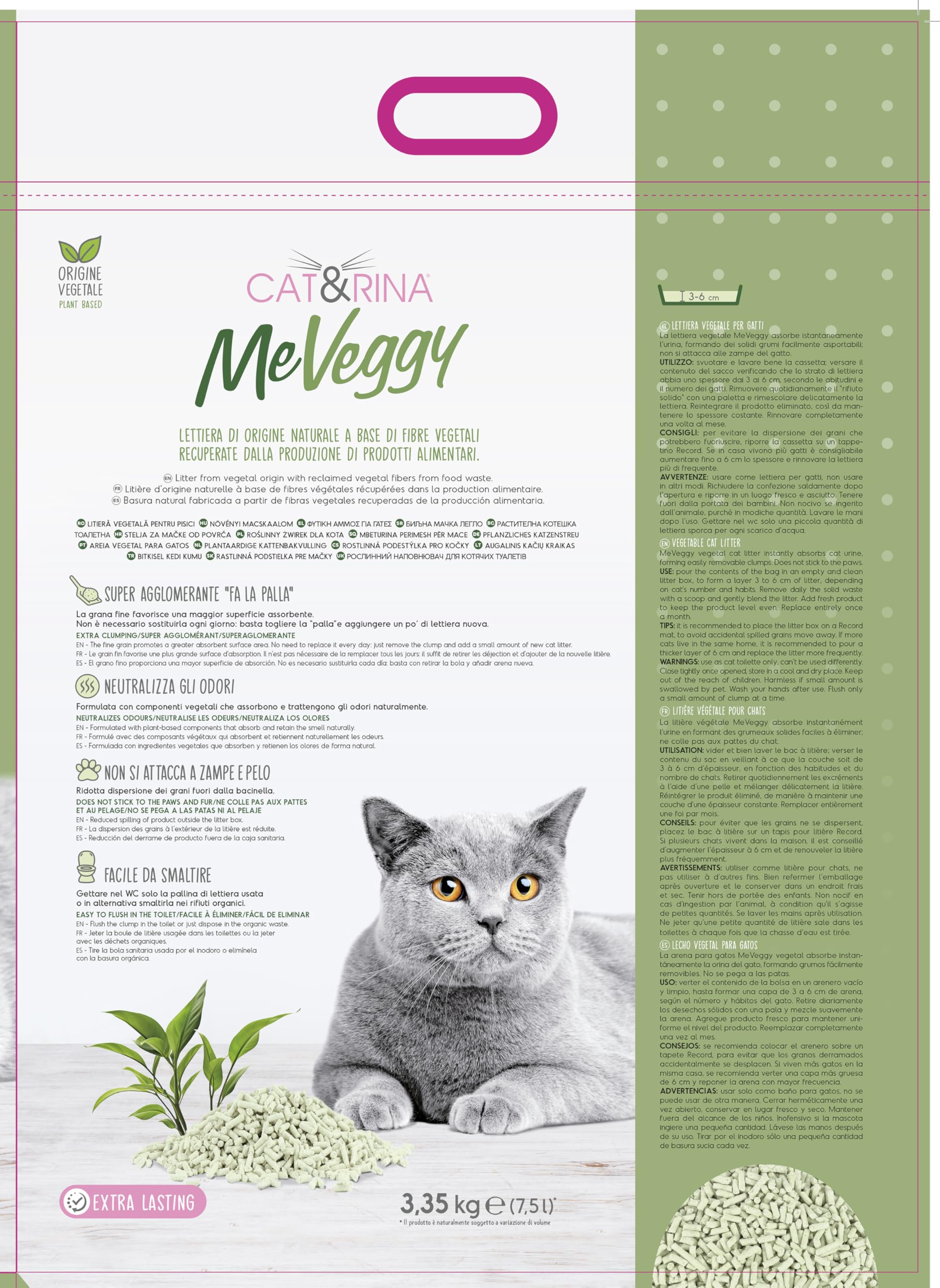 Cat&rina MeVeggy Litière végétale pour Chats de 7,5 L Longue durée Sable Naturel et aggglomérant, éliminable dans Les bios ou Les Toilettes. Neutralise Les odeurs et ne Colle Pas aux Pattes et aux