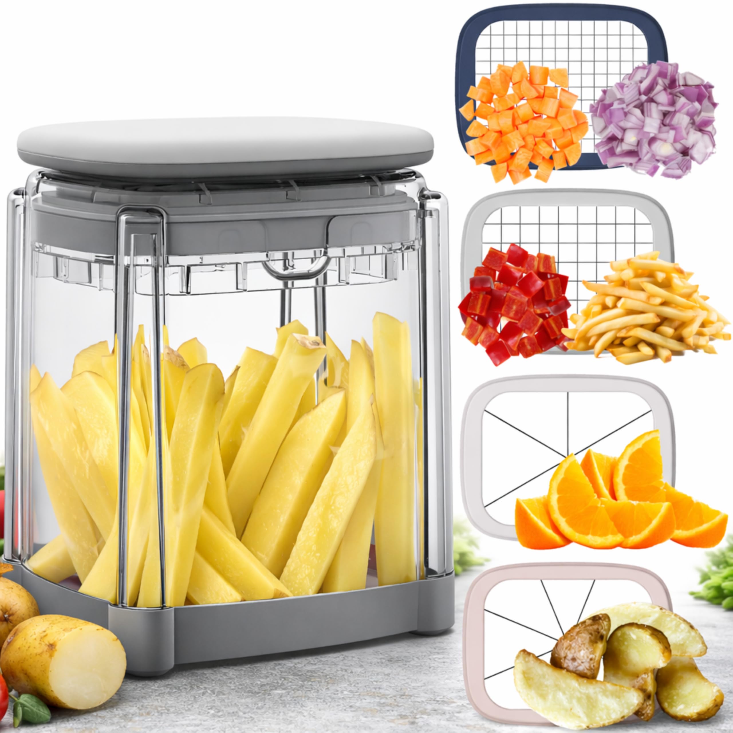PerfectCut Vegetable Chopper: 4-Blade Veggie Dicer Fruit Slicer, Potato French Fry Cutter, Wedge Cutter, Onion Chopper, Egg Slicer with 5 Recipe Ebooks, Safe to Use, Easy to Clean & Store