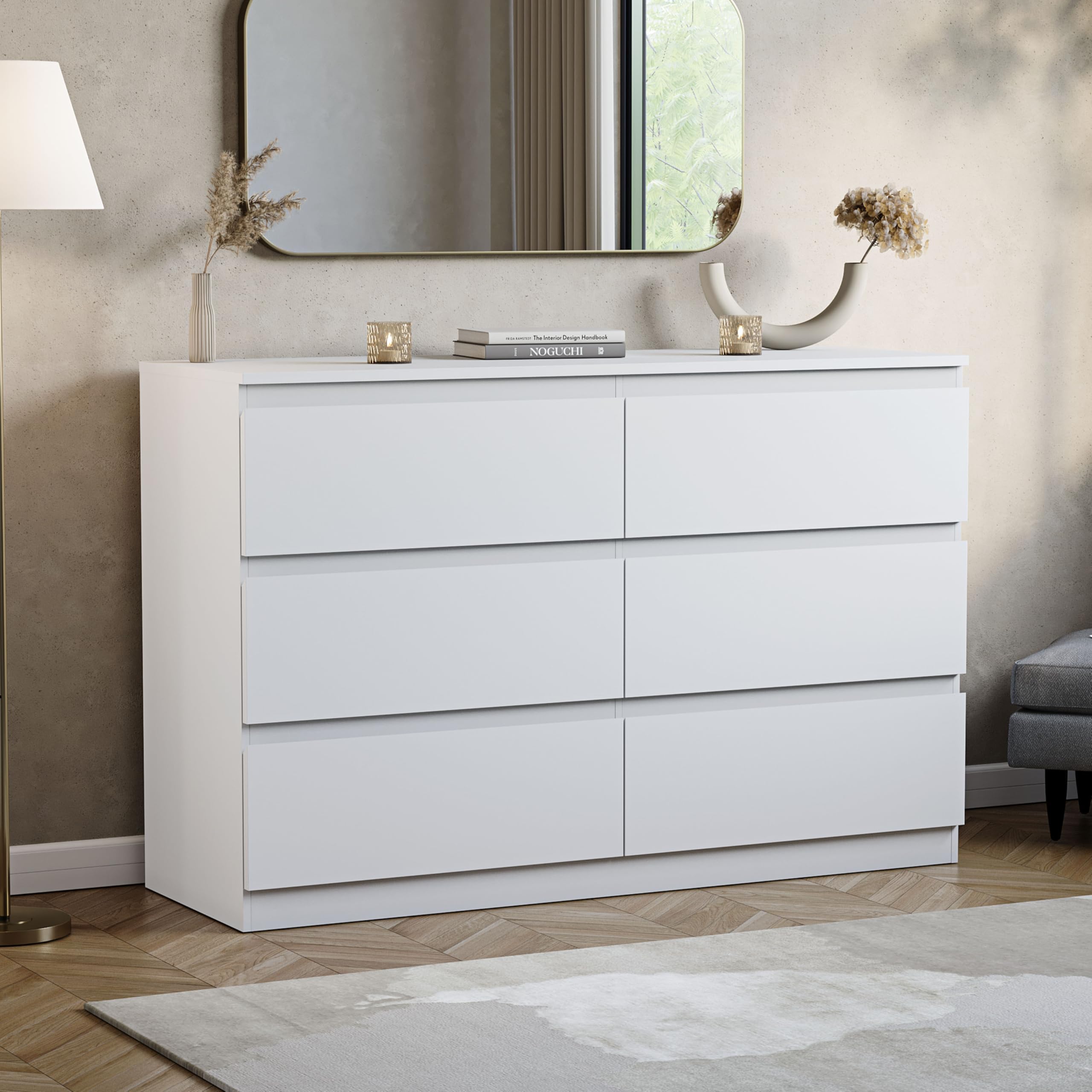 Vida Designs 6 Drawer Chest of Drawers | White | Space-Saving Storage | 74H x 120W x 40D cm | Smooth Metal Runner | Engineered Wood | Modern Bedroom Chest of Drawers Unit