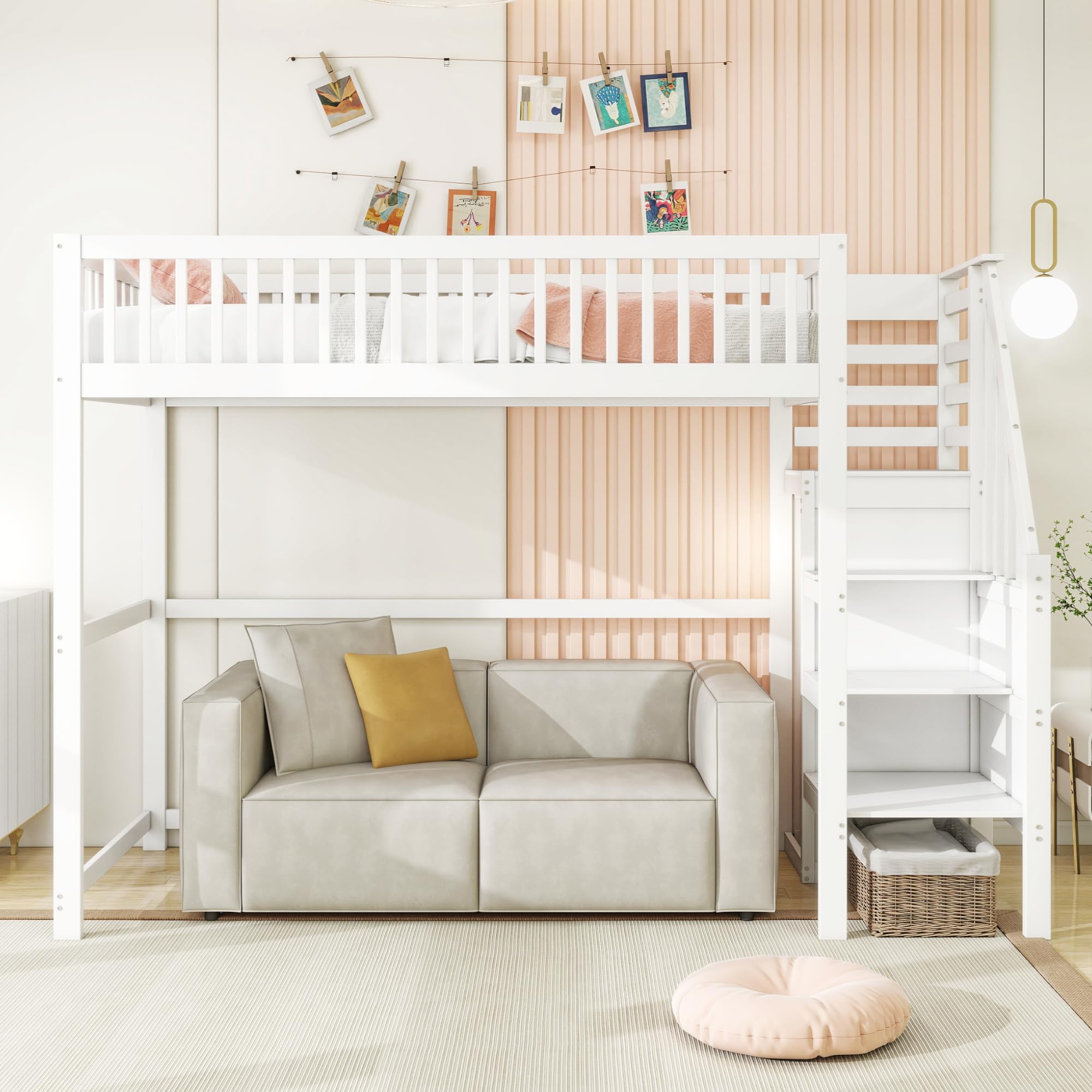 YESGIGA Cama alta 90 x 200 cm con escalera, cuna blanca de madera con estante de almacenamiento, armario sencillo (blanco, 90 x 200 cm)