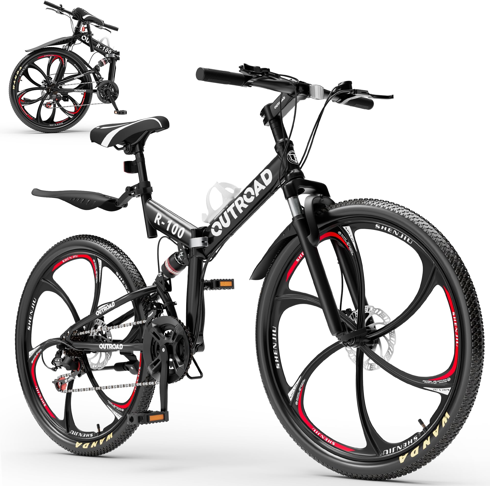 Outroad 26 Inch Mountain Bike,21-Speed Foldable Bike for Adult,Dual Suspension High-Carbon Steel MTB Foldable Bicycle,Dual Disc Brake Folding Bikes for Adult,Men and Women