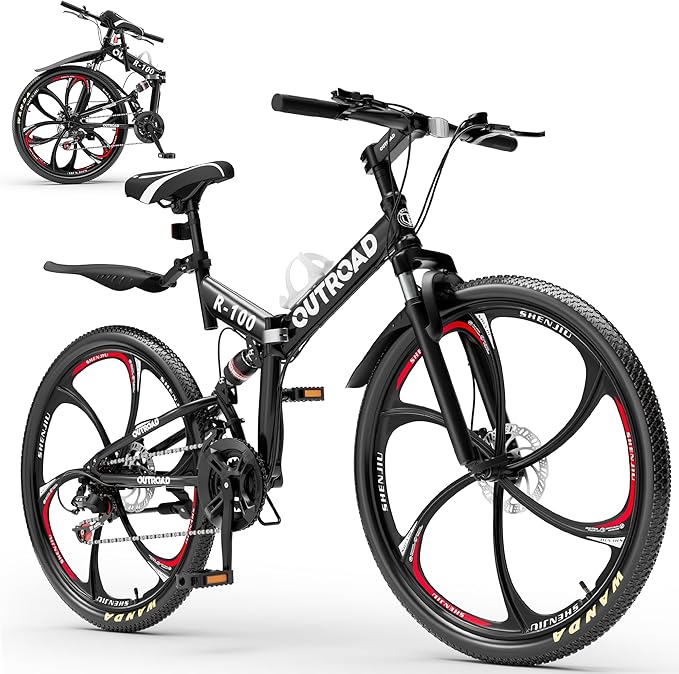26 Inch Adult Folding Mountain Bike, 21 Speed Foldable Bicycle with Full Suspension, High Carbon Steel Frame, Folding Bikes for Men/Women/Teen, Dual Disc Brake
