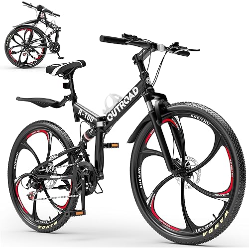26 Inch Adult Folding Bikes/Mountain Bikes, 21 Speeds Mountain Bicycles with Full Suspension, Dual Disc Brake, High Carbon Steel Frame, Foldable Bike for Men/Women/Teen, Multiple Colors