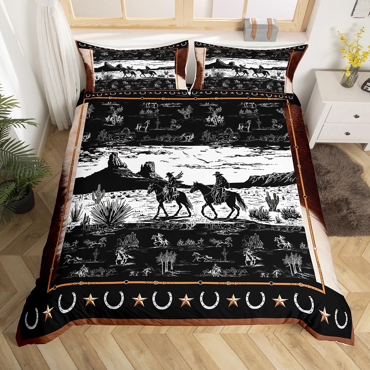 richhome Western Bedding Set Double Size Horse Cowboy Bedding Duvet Cover Set For Boys Men Kids Rustic Western Decor Country Wild West Down Comforter Cover Set Black White Bedspread Cover