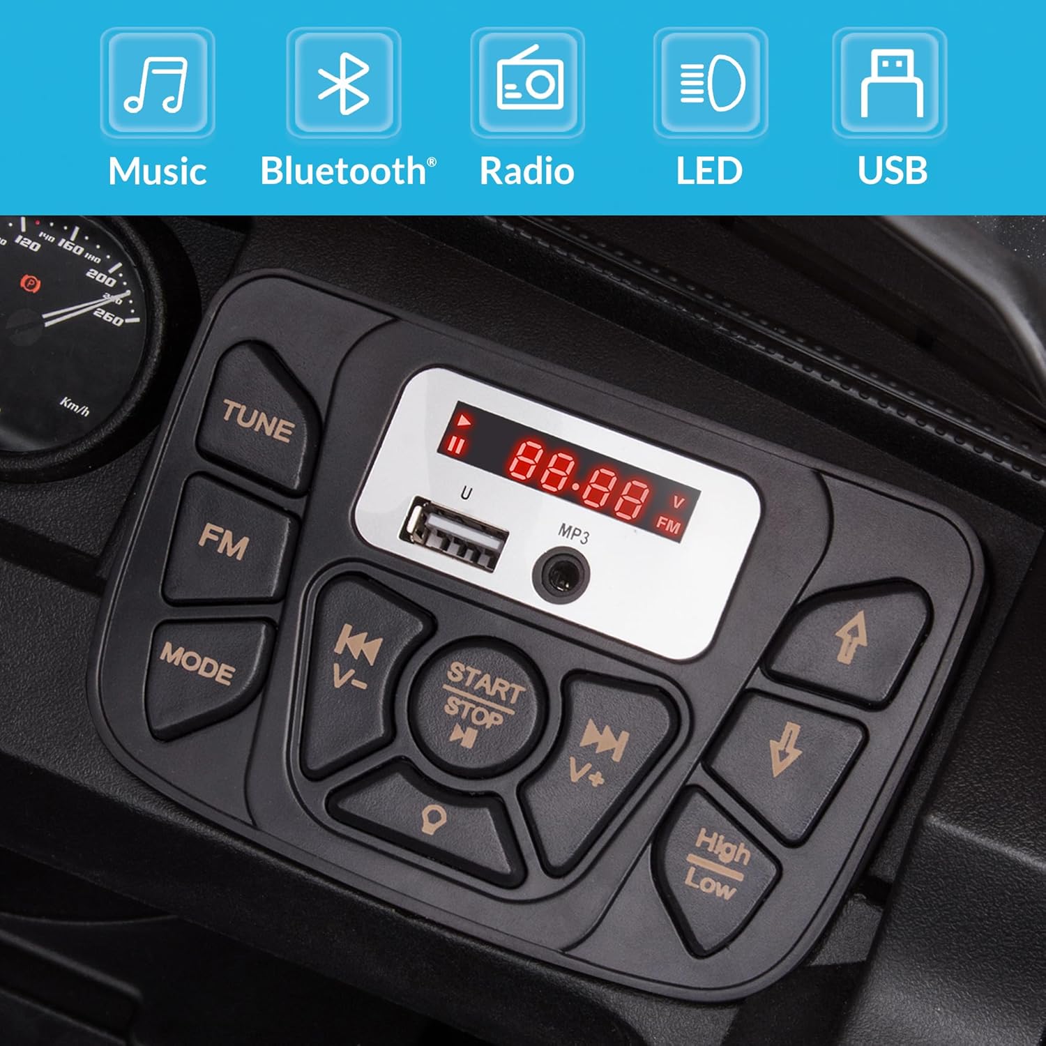 Close-up of the control panel of the Kidzone ride-on truck, showing buttons for Music, Bluetooth, Radio, LED, and USB.
