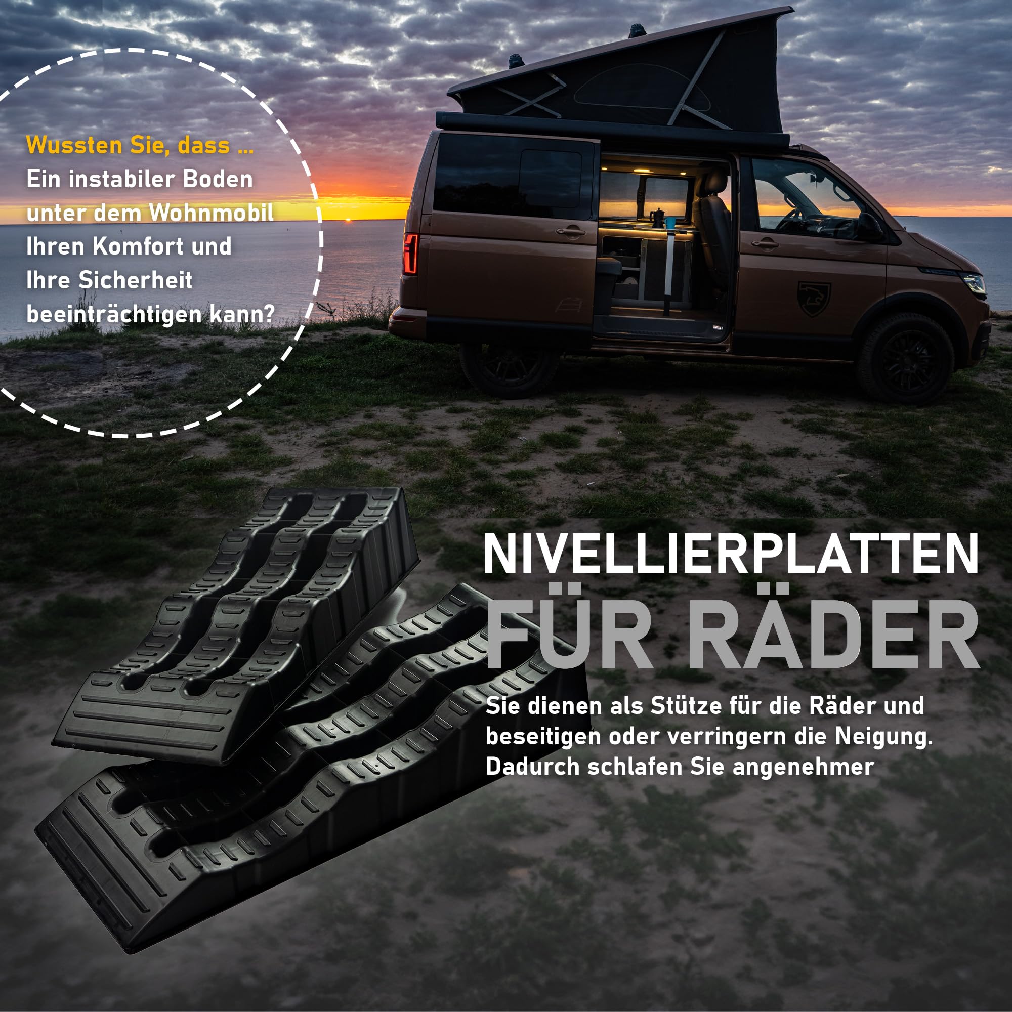 CHROMEMASTER | Auffahrrampen, Auffahrkeile für Wohnmobil, Nivellierungskeile für Camper, Ausgleichskeile für Wohnwagen; 4 Stück | Wohnmobil-Rampen zur Ausrichtung Ihres Fahrzeugs; Robuster Kunststoff