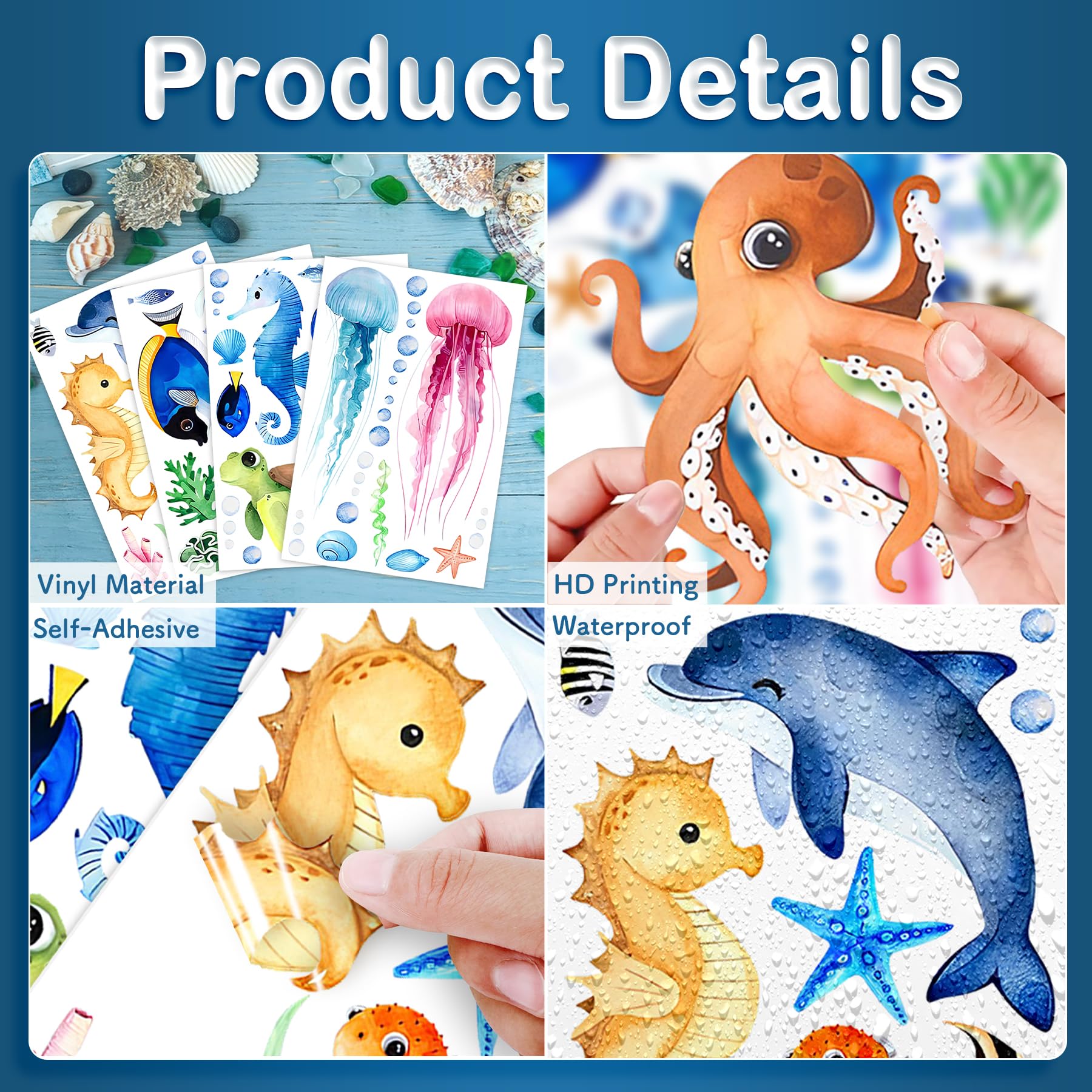 Calcomanías de pared de animales marinos del océano, 4 hojas de calcomanías de pared bajo el mar, tortuga, medusas, calcomanías de criatura oceánica para decoración de dormitorio de niños, baño