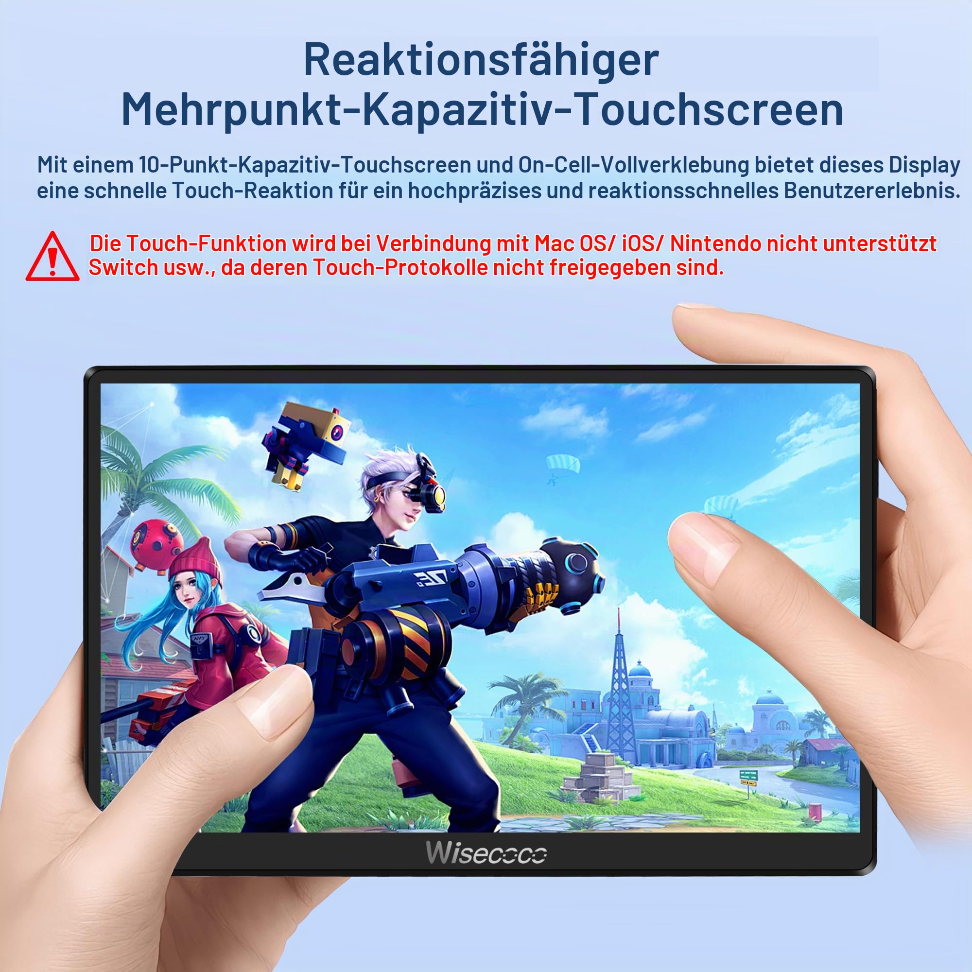 wisecoco 7 Zoll IPS Mini LCD Display 1080p 1920 x 1080 Pixel 120 Hz mit Touchscreen USB C und HDMI Anschluss ultradünn und leicht ideal für Gaming mit Switch PS5 Xbox Laptop PC und Raspberry Pi 5/4