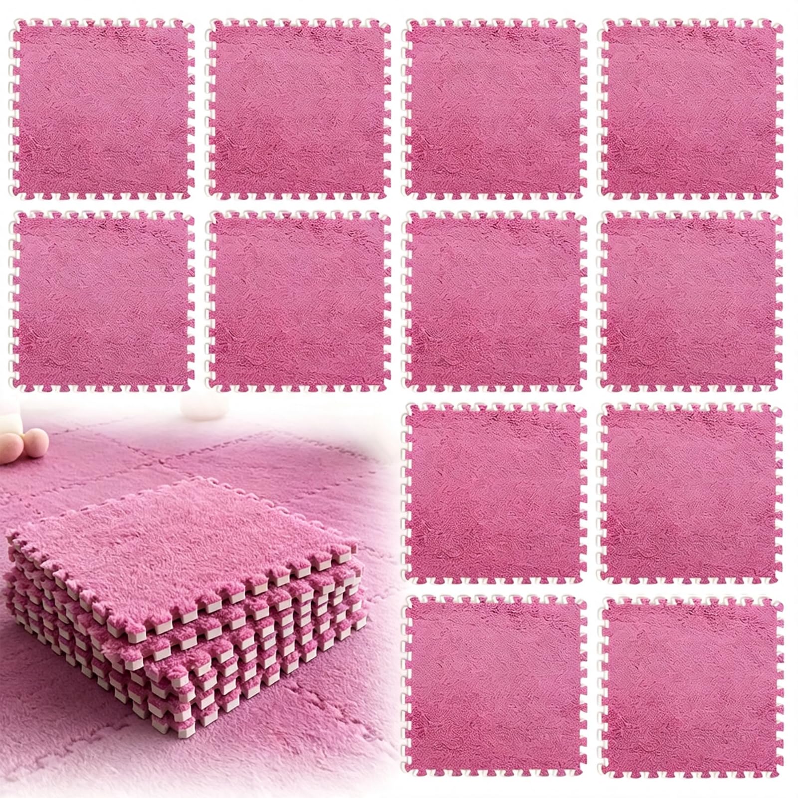 12 Piece Interlocking Foam Mats, Plush Fluffy EVA Puzzle Mat 30x30cm