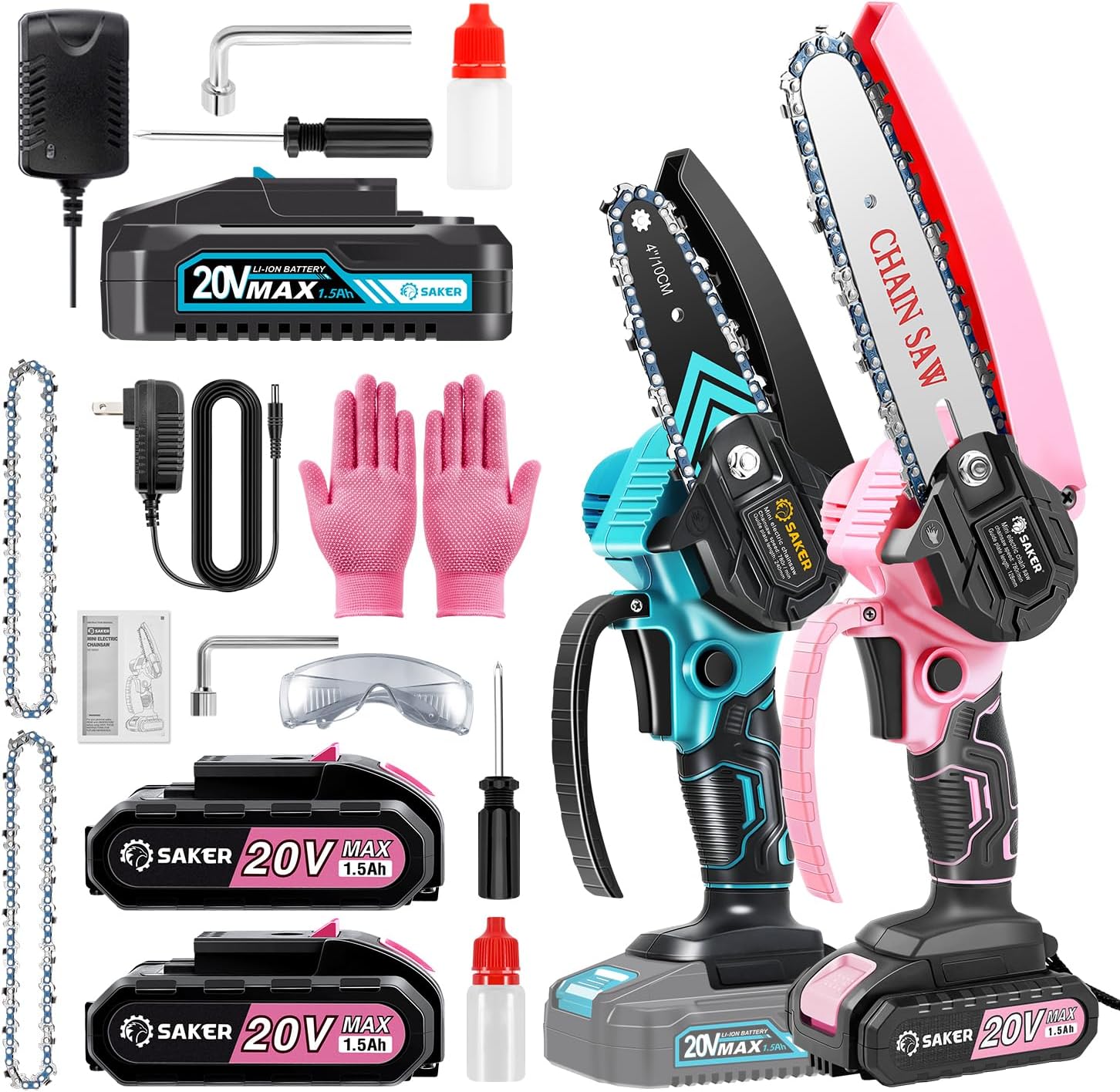 Saker Mini Chainsaw complete kit with two chainsaws, batteries, charger, and accessories in a carrying case.