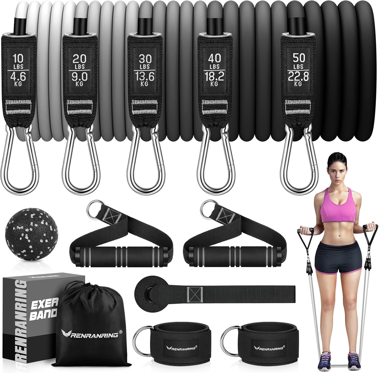 RENRANRING Resistance Bands for Working Out, 150LBS Exercise Bands, Workout Bands, Resistance Bands Set with Handles for Men Women, Legs Ankle Straps for Muscle Training, Shape Body, Physical Therapy