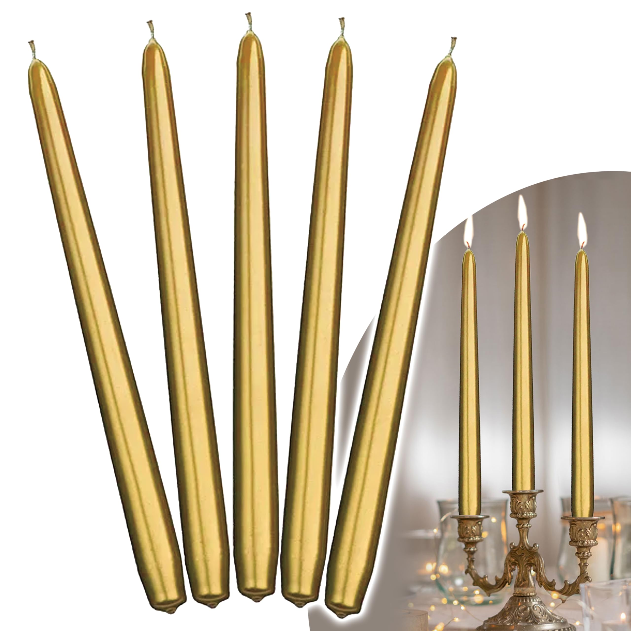Decoraparty 10 złotych świec, wys. 29 cm, długie, stożkowe złoto metaliczne eleganckie dekoracje woskowe na uroczystości, Nowy Rok, rocznicę, Boże Narodzenie, świecznik