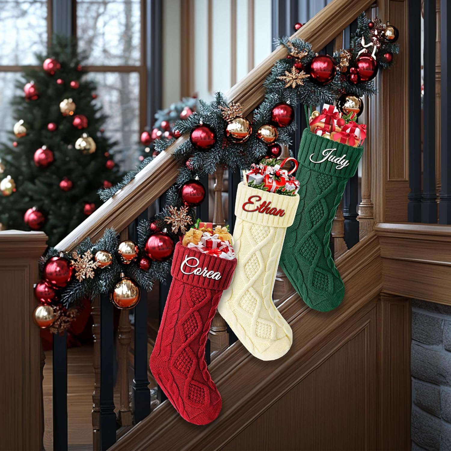 Personalized Christmas Stockings 5 Pack, Custom Christmas Stockings with Names, 18” Large Knitted Xmas Stocking for Family Kids, Fireplace Hanging Holiday Christmas Party Decoration
