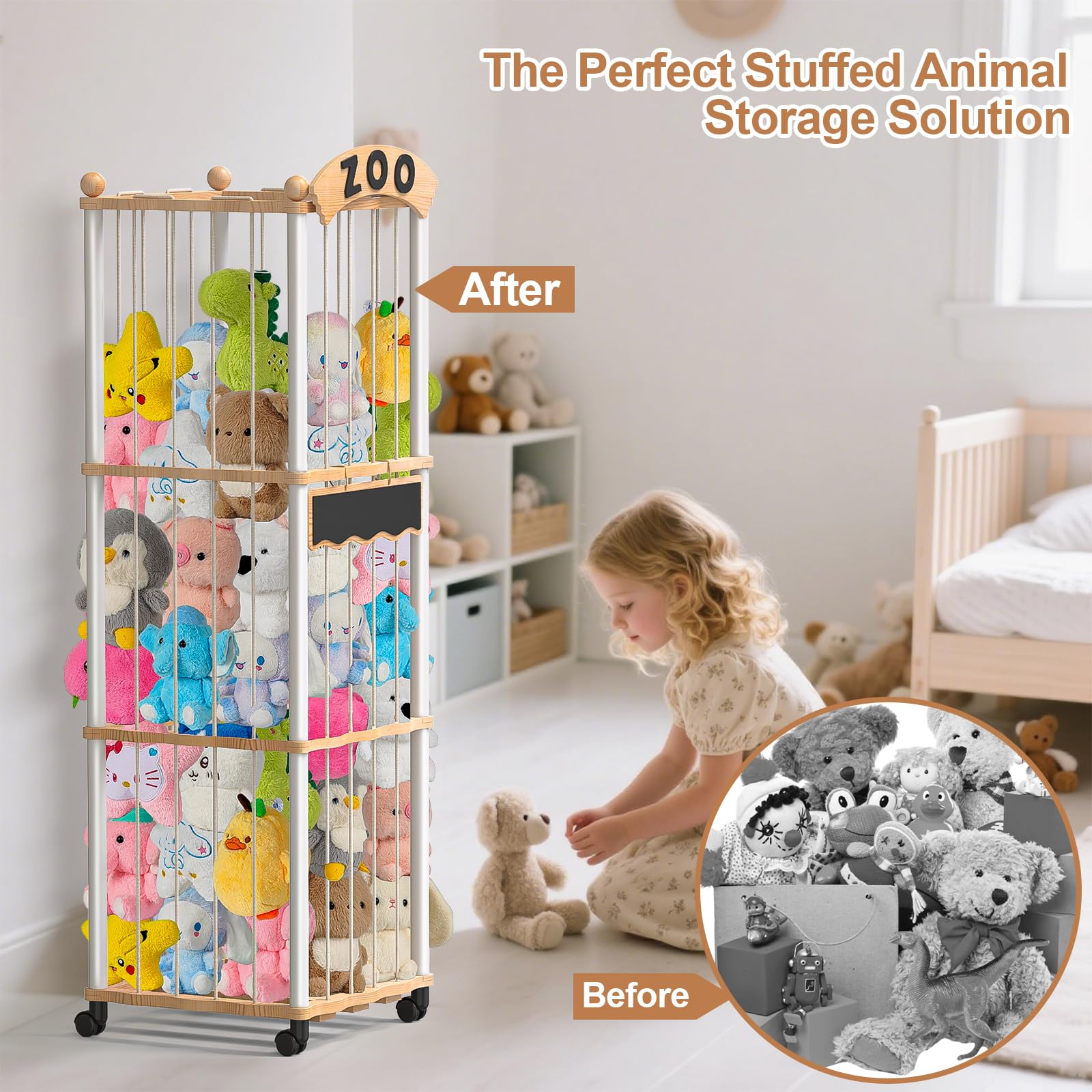 Kuscheltier Aufbewahrung Holz Plüschtier Lagerung Spielzeug Aufbewahrung | Platzsparend Große Kapazität mit 360°Bremse Ausgestattete Räder,132x42x42cm für Spielzimmer Schlafzimmer,Kinderzimmer