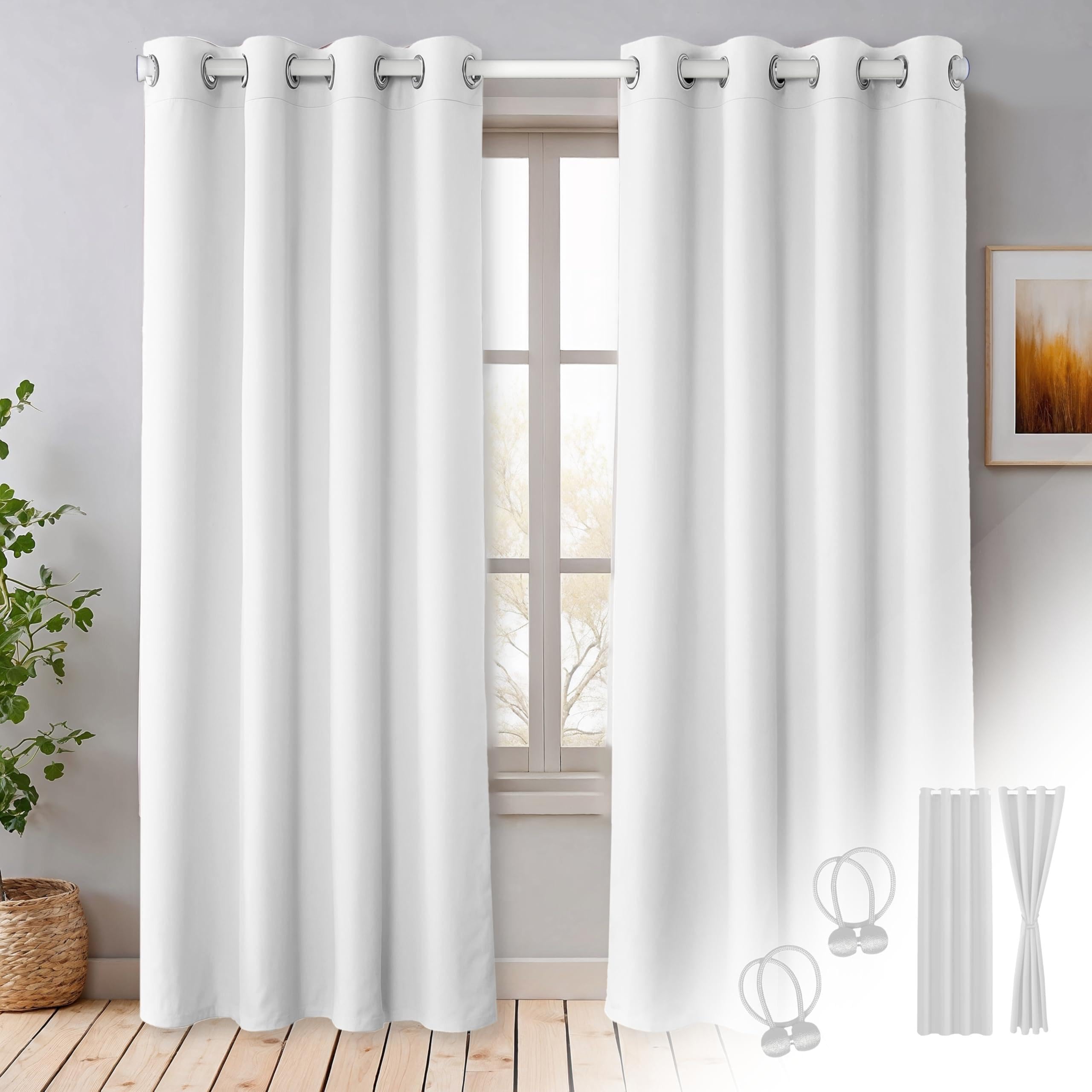 Cozyor Blickdichte Vorhänge Gardinen 2er Set mit Magnet-Raffhalter Thermogardine gegen Kälte, weiß Purity, Gardine mit Ösen für Schlafzimmer, Wohnzimmer, Kinderzimmer 160x135 cm
