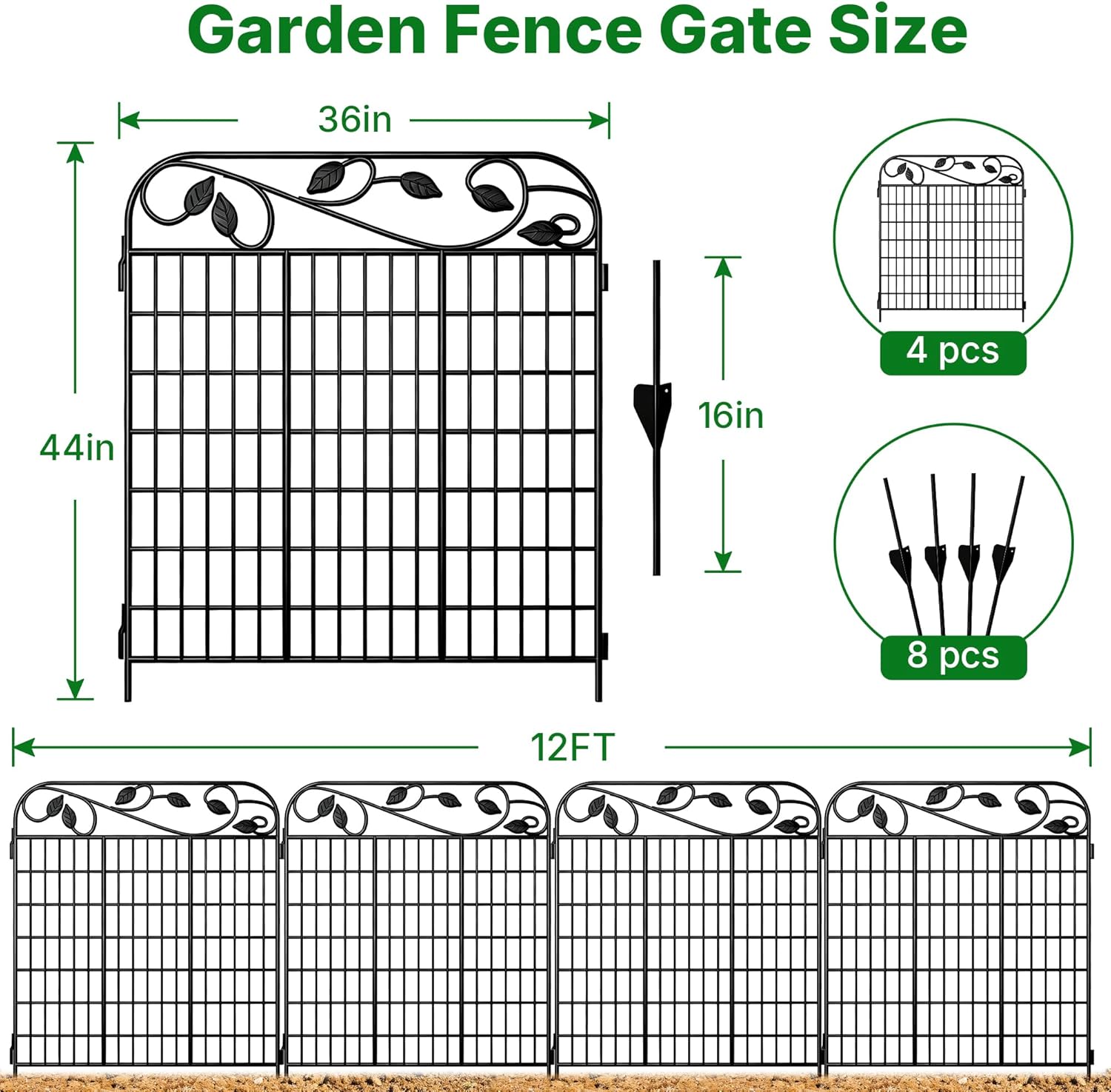 AMAGABELI 4 Panels 44 in(H )X 12 ft(L) Decorative Garden Fence Gate,Dog Fence Outdoor for Yard,Rustproof Tall Garden Fencing Animal Barrier Metal Wire Panel Border with Leaves for Flower Bed Black