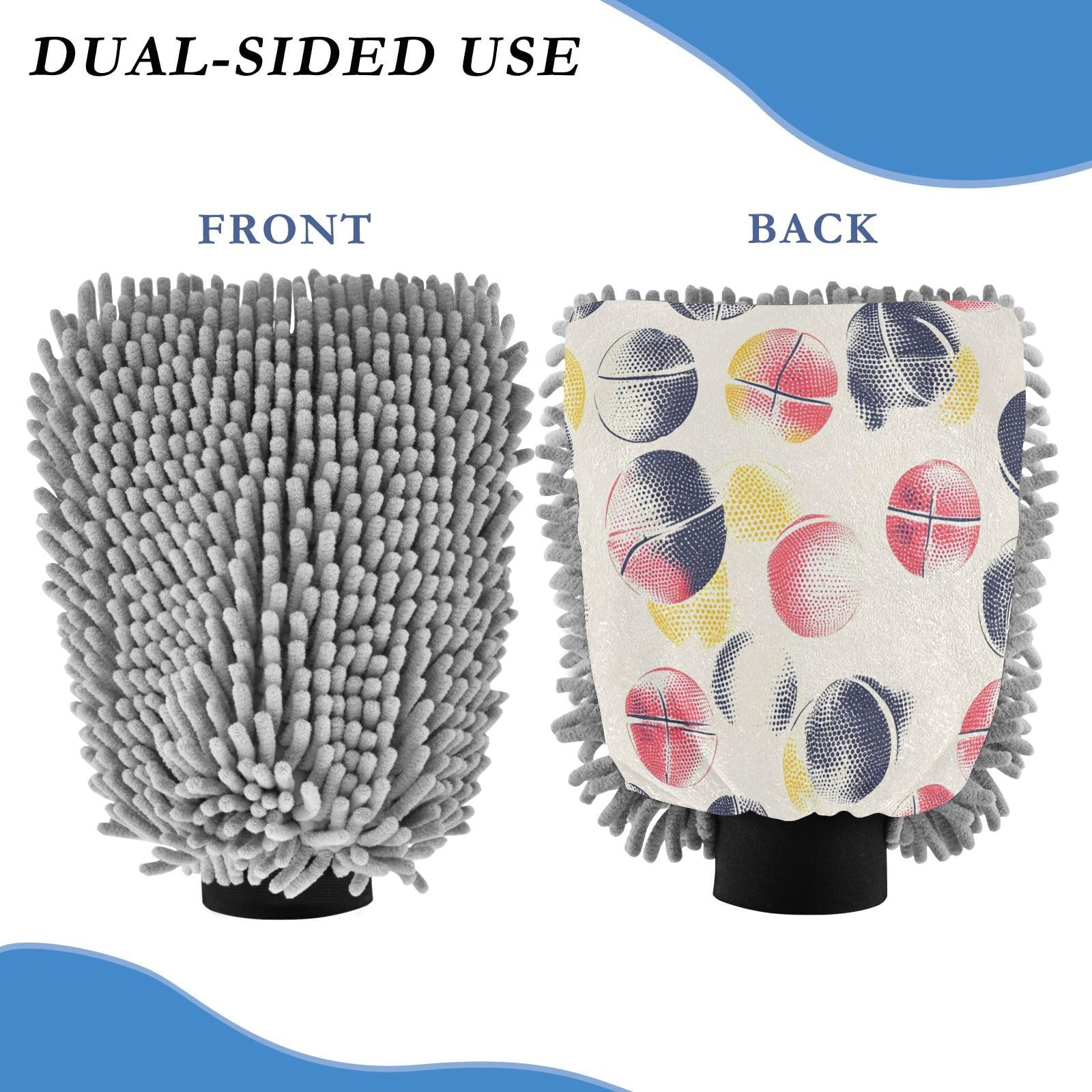 STAYTOP Cartoon Colored Basketball Car Wash Mitt Microfiber, 2Pcs Scratch Free Lint-Free, Premium Chenille Microfiber Mitt Car Wash Brush-L