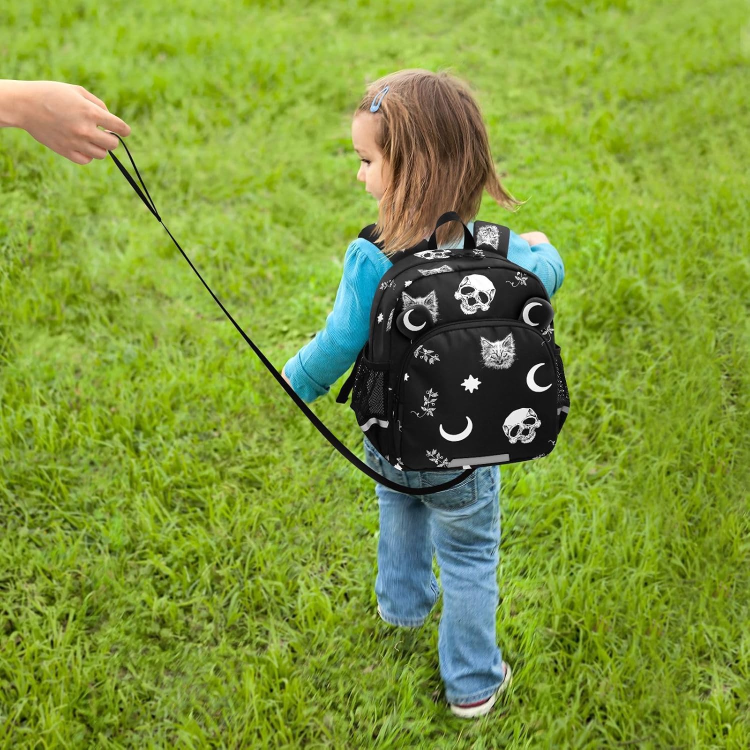Gothic Skull Cat Moon Kids Backpack with Ears Reflective Strip for Boys Girls Elementary School Bag Removable Chest Strap