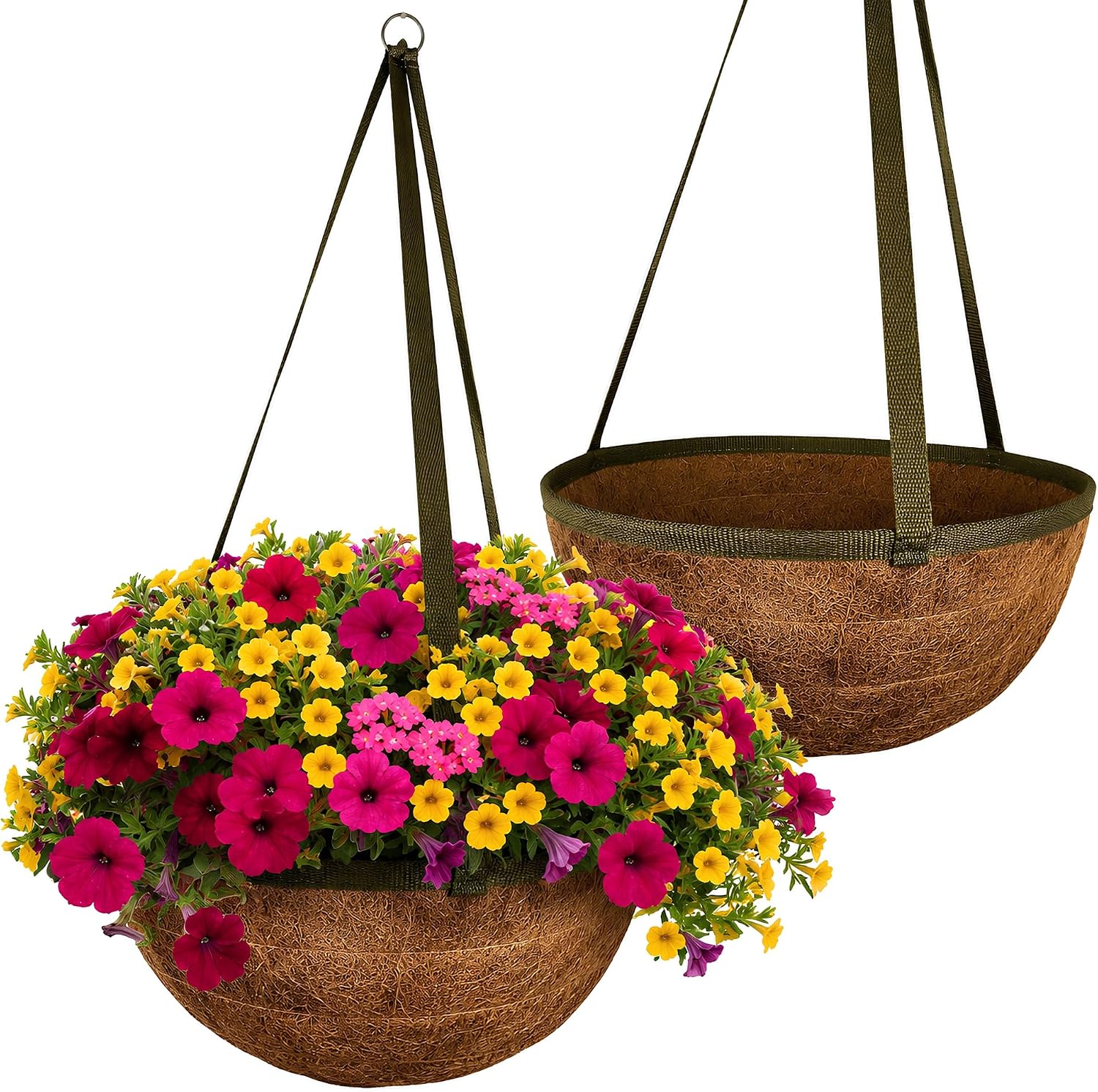 15 Inch Handmade Coco Fiber Hanging Basket 2 Pack - Hanging Planter for Outdoor Plants - Natural Boho Rustic Coconut Coir Oversize Decorative Flower Pot Holder for Porch Patio Balcony Garden