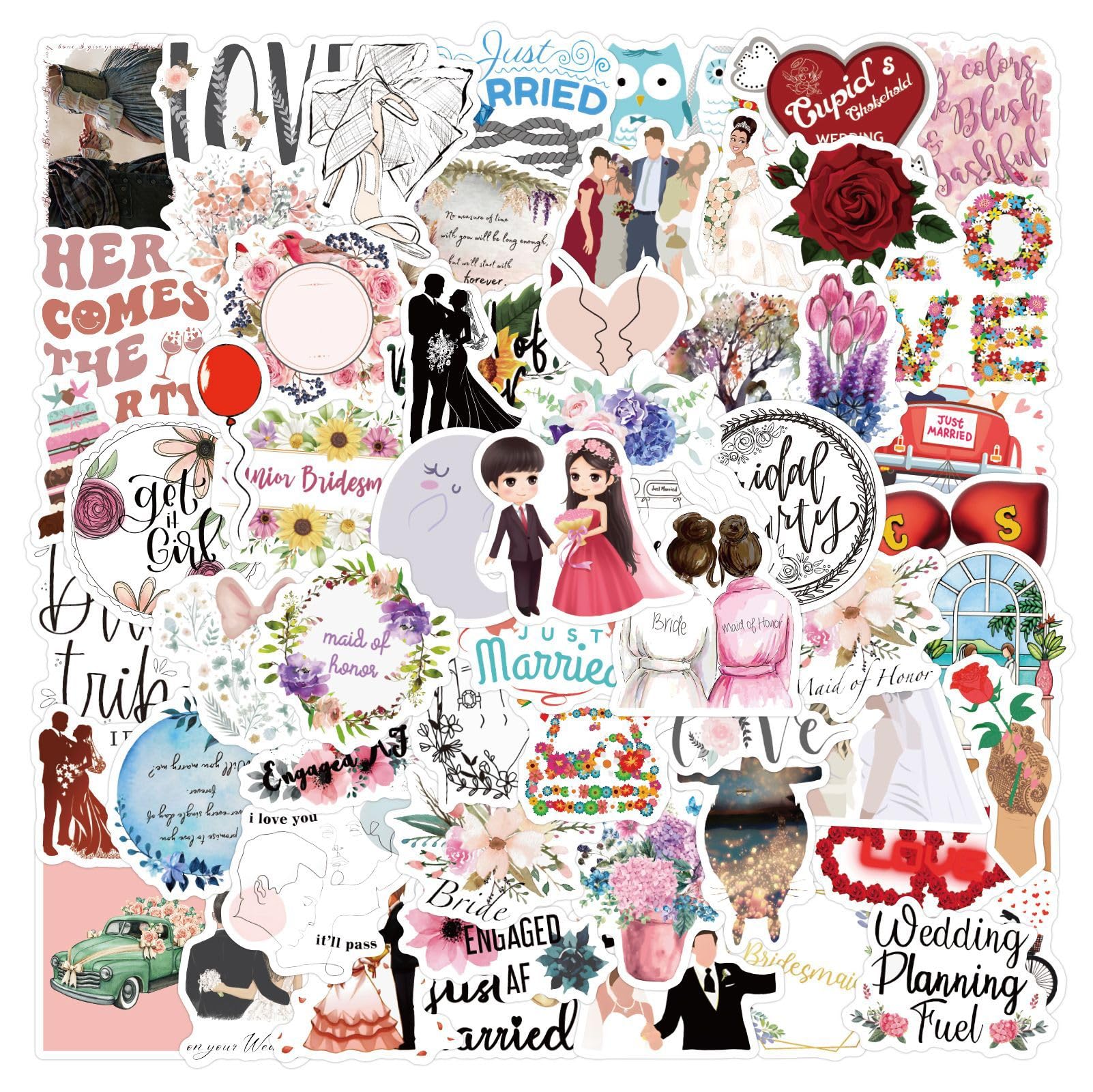 60Pcs Sweet Lover Stickers Laptop Car Scrapbook Phone Skateboard Suitcase Luggage Bike Wedding Stickers Vinyl Waterproof Aesthetic Personalised Stickers for Teens Boys Girls Adults Children