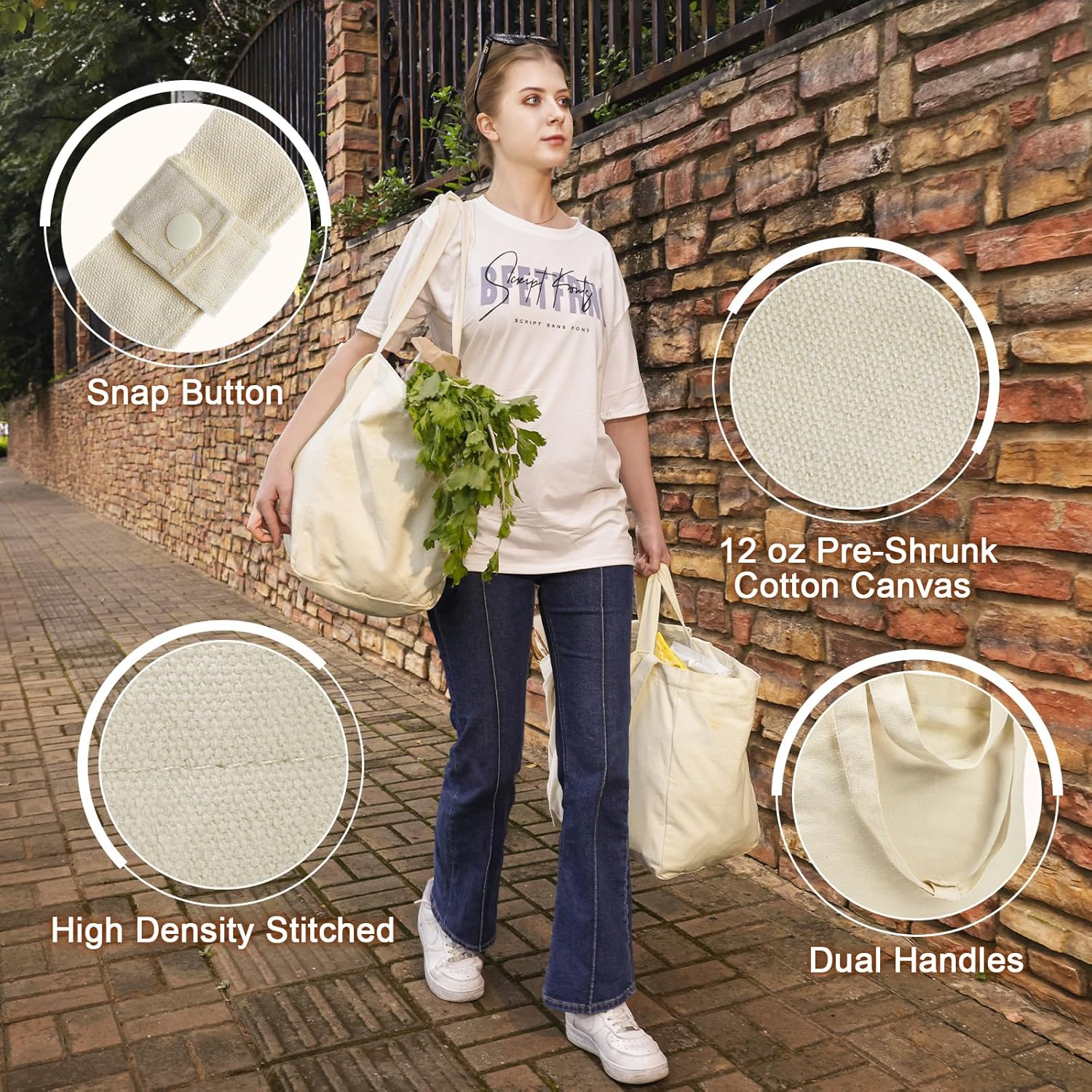 VitaSerena Canvas Grocery Bags with Dual Handles(3 Pack), Large Reusable Shopping Bags for Groceries, Inner Pockets, Washable, Shrink Resistant, Heavy Duty, Foldable - Image 2