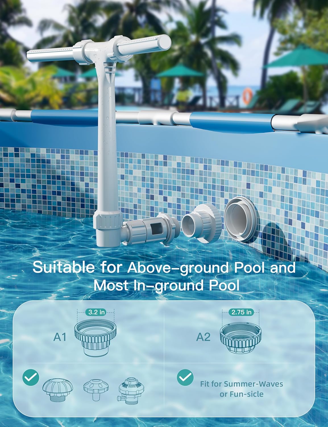 SHAPON Pool Fountain for Above and In-Ground Pools, Pool Waterfall with Extension Tube, Dual Spray Sprinkler Fountain for Cooling & SPA Relaxation