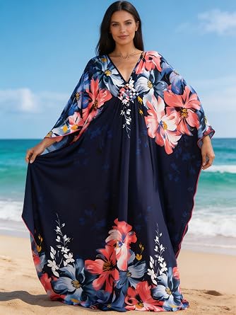カフタンドレス 女性用 プラスサイズ Vネック バットウィングスリーブ Moo Moos 水着 カバーアップ Mumu Caftan マキシビーチドレス