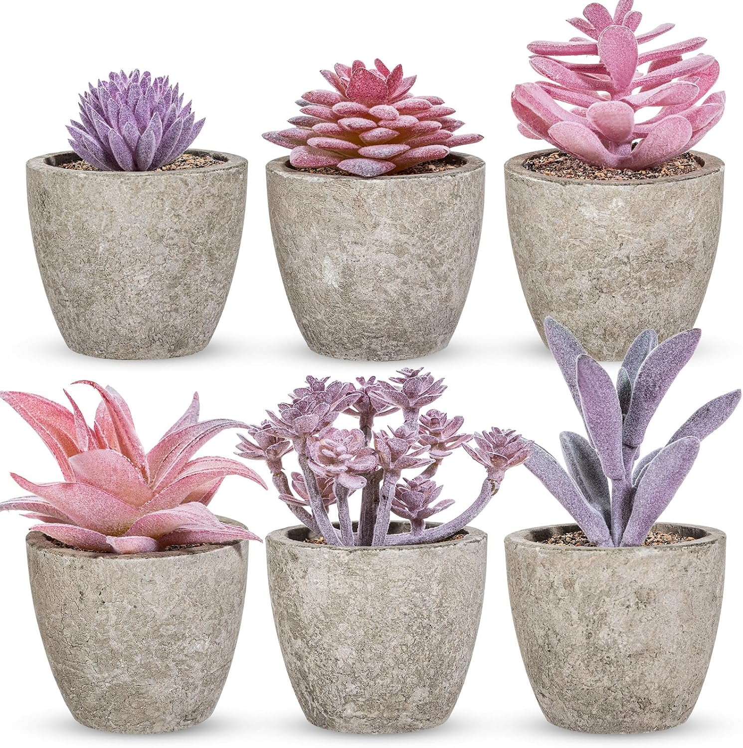Set of 6 Artificial Succulents Potted - Realistic Mini Fake Cactus Plants in Paper Pulp Pots, 2-4'' Mixed Sizes for Farmhouse Shelf, Bathroom, Coatrack Shelf, Bedroom Indoor(Elegant Style)