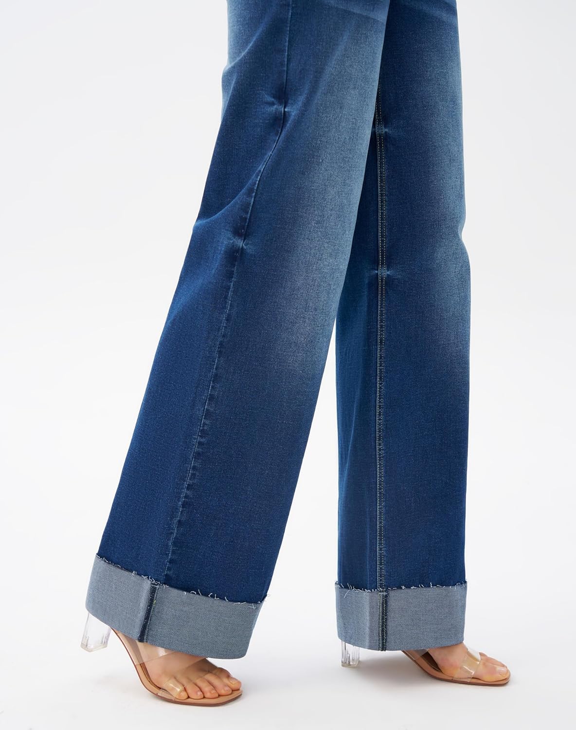 roswear Women's High Waisted Stretchy Wide Leg Jeans Cuffed Baggy Jeans Loose Denim Pants - Image 4