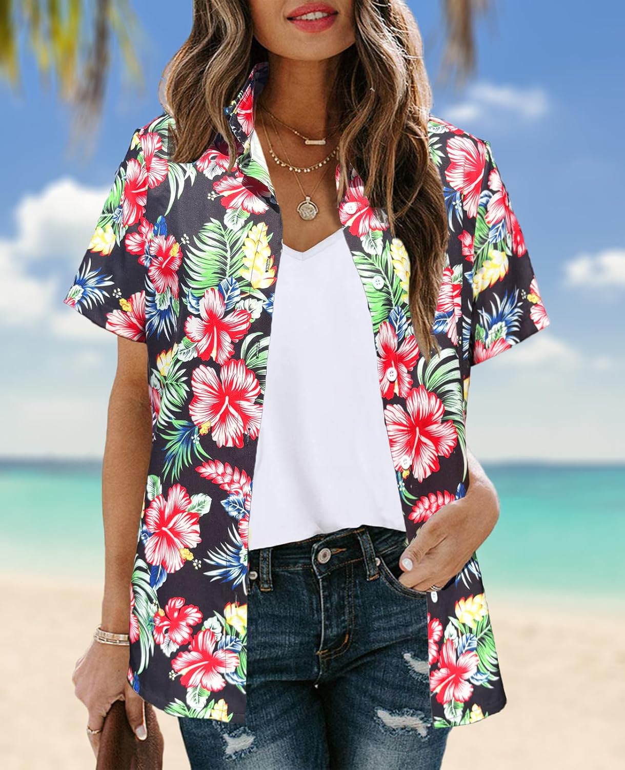 Hawaiian Shirts Women Hawaii Tshirt Cool Floral Tropic Print Graphic Tees Tops Button Up Summer Vacation Shirt - Image 2