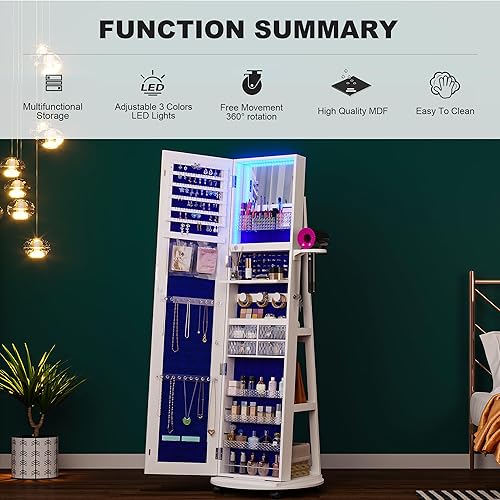 Miniatura 4 de HNEBC 360 Swivel Jewelry Armoire with Mirror, LED Mirror Jewelry Cabinet Standing, Full Length Mirror with Jewelry Storage, Standing Jewelry