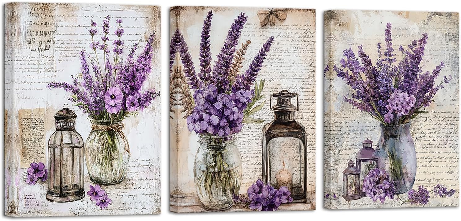 ChaudArt 3 Pieces Lavender Wall Art Country Floral Canvas Prints Painting Rustic Purple Flower Pictures Framed Artwork Home Decor for Bathroom Dining Living Room