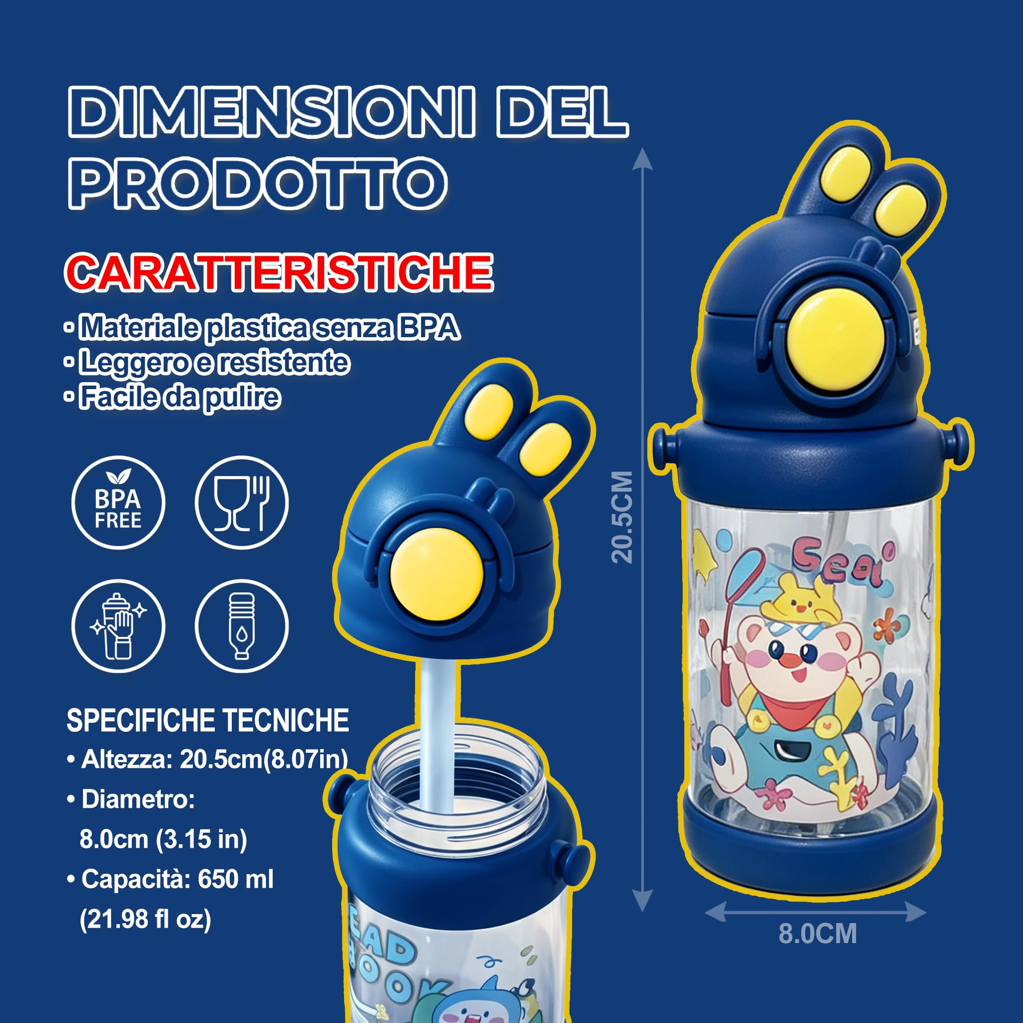 Borraccia Bambini con Cannuccia 4 Pezzi Acqua Asilo Bambino Bambina