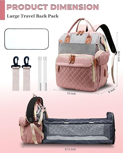 Miniatura 4 de Bolsa de pañales con cambiador, mochila impermeable 3 en 1 para pañales para bebé con cambiador plegable, rosa-gris Rosado/Gris,Azul,Negro