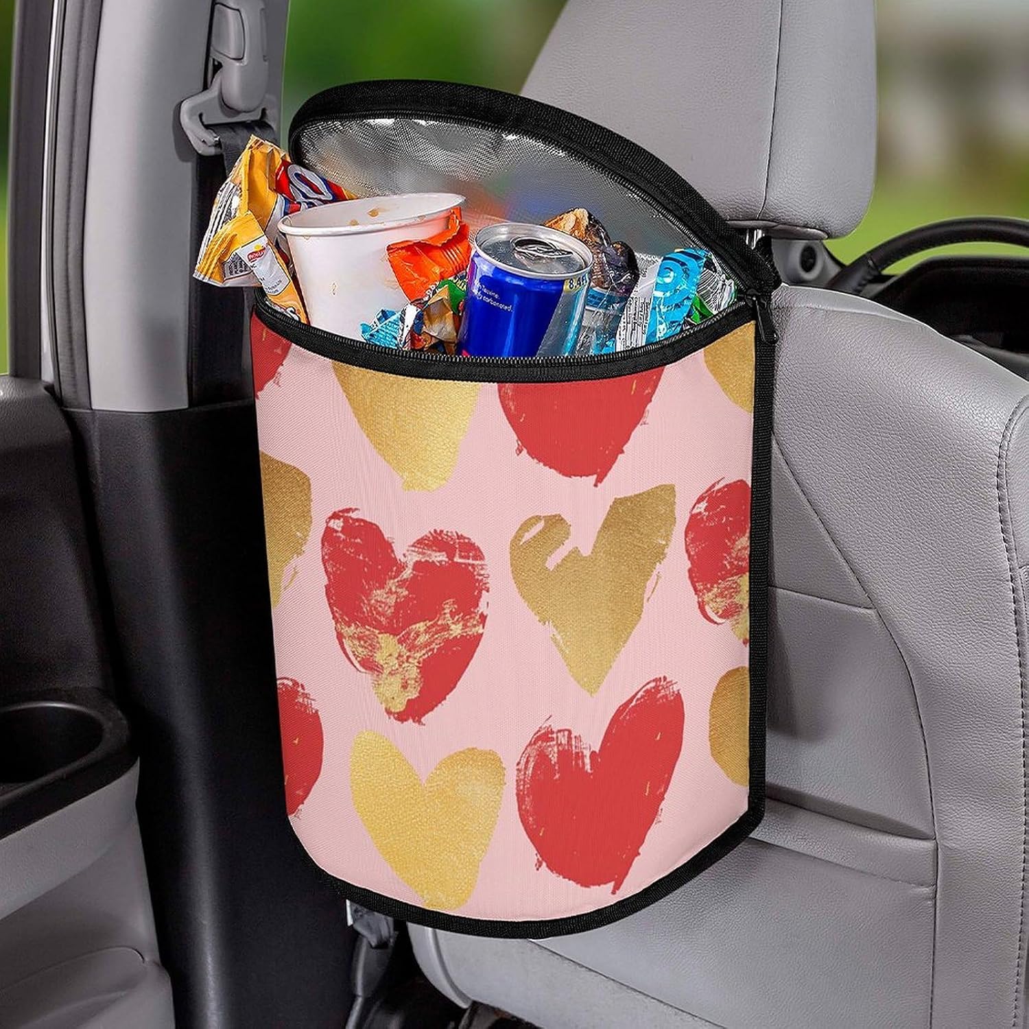 MUSM Leakproof Car Trash Can 2.5 Gallon, Durable Automotive Garbage Bag with Waterproof Liner, Red and Gold Pattern Trash Bag for Car, Truck, RV & Bathroom
