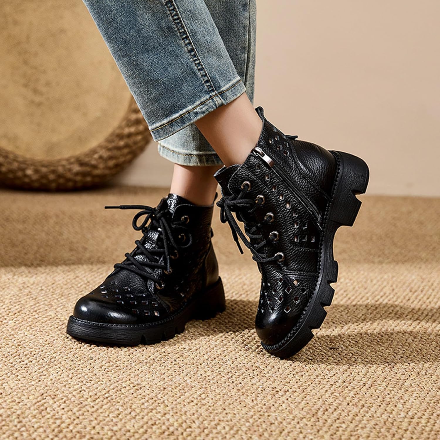 Women's Genuine Leather Hollow Out Breathable Chunky Platform Ankle Boots Fashion Comfort Round Toe Lace Up Soft Lug Sole Block Heel Short Booties for Casual Walking Office - Image 2