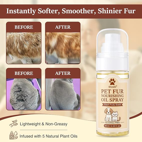 Dog & Cat Fur Oil & Coat Conditioning Spray Leave-In Detangler & Conditioner Reduces Shedding with Coconut & Jojoba Oil Natural,Alcohol-Free Soft, Shiny Fur for Doodles, Poodles & Toy Breeds