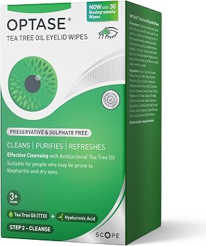 Optase Tea Tree Oil Eyelid Wipes   Cleanses, Purifies, and Refreshes Eyelids   Preservative Free   30 Biodegradable Wipes   Effective Cleansing with Antibacterial Tea Tree Oil