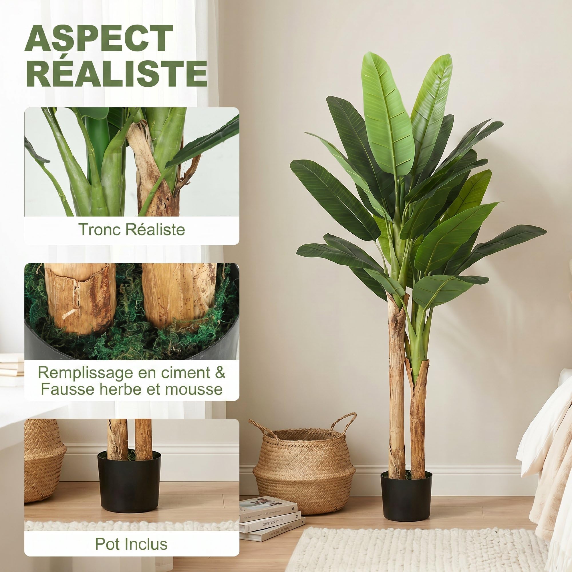 HOMCOM Lot de 2 Plantes Artificielles Intérieures 150 cm Bananier en Pot