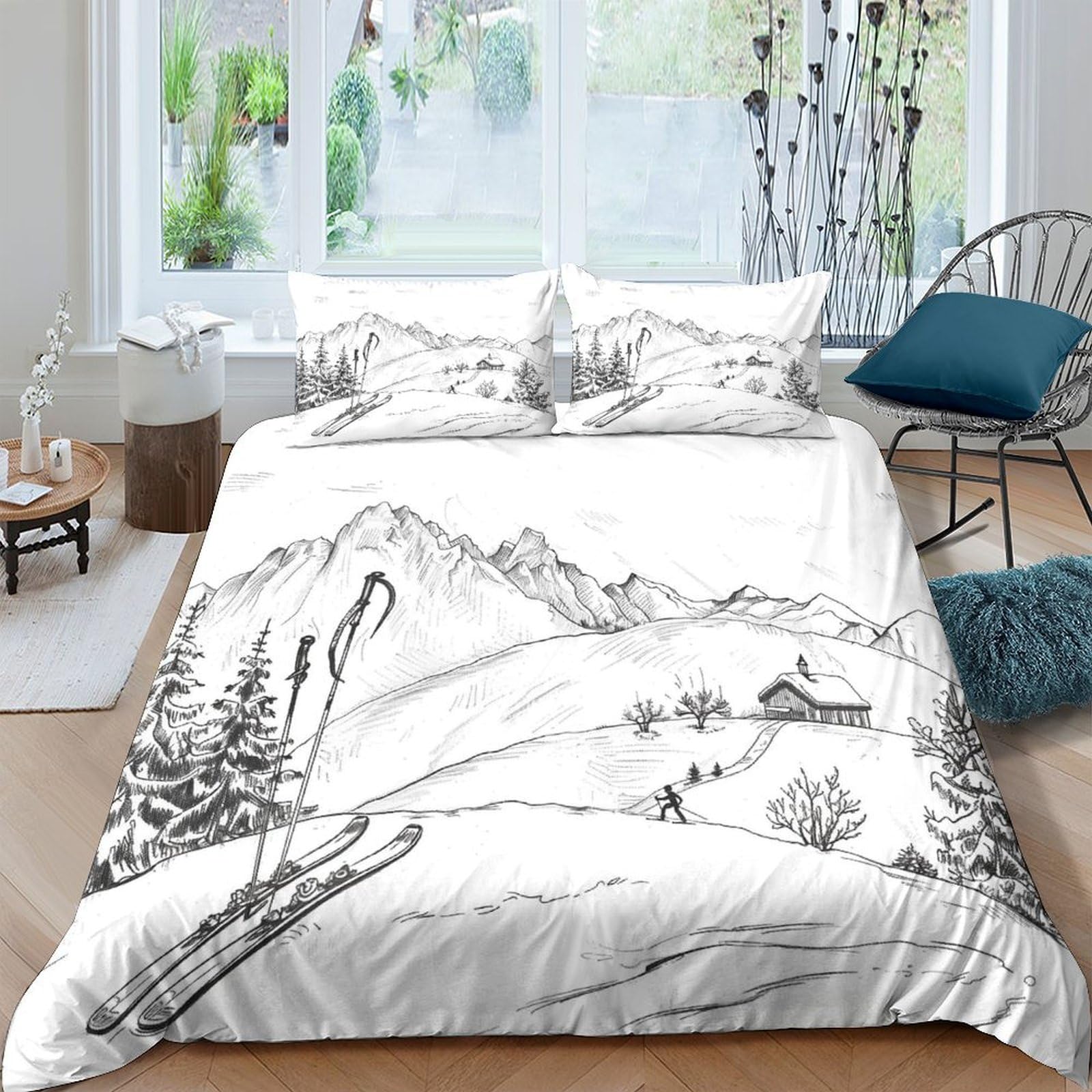 GPLZQXKJNH 3D Printed Mountain Landscape Duvet Cover Microfiber Soft Breathable Winter Ski Village Bedding Set with 2 Pillowcases for Bedroom Decor, Single（135x200cm）
