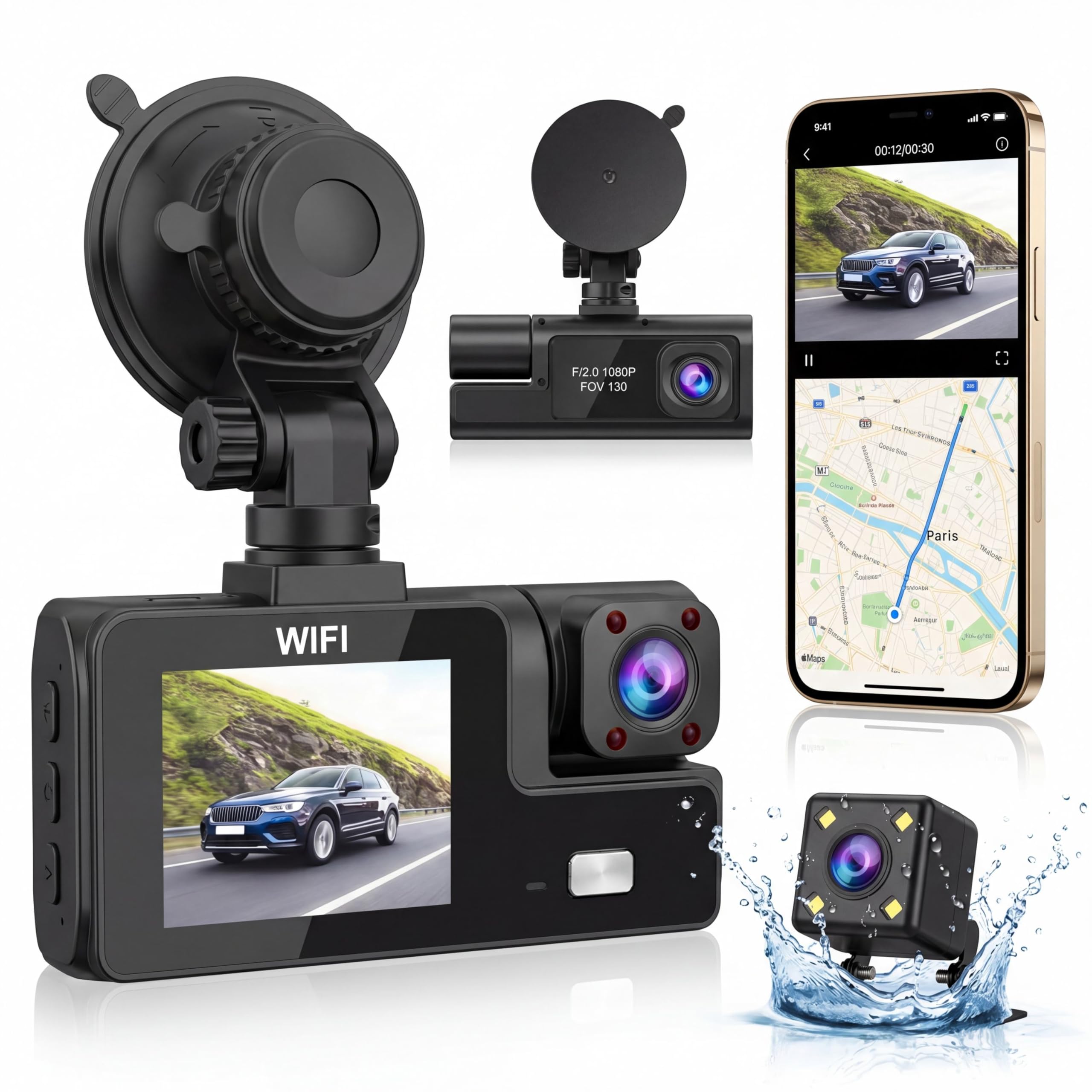 Telecamera Dashcam 3 telecamere 1080P Full HD | Massima sicurezza a 360° senza angolo morto, visione notturna e parcheggio monitorato, WiFi integrato rilevamento del movimento, ideale per i conducenti
