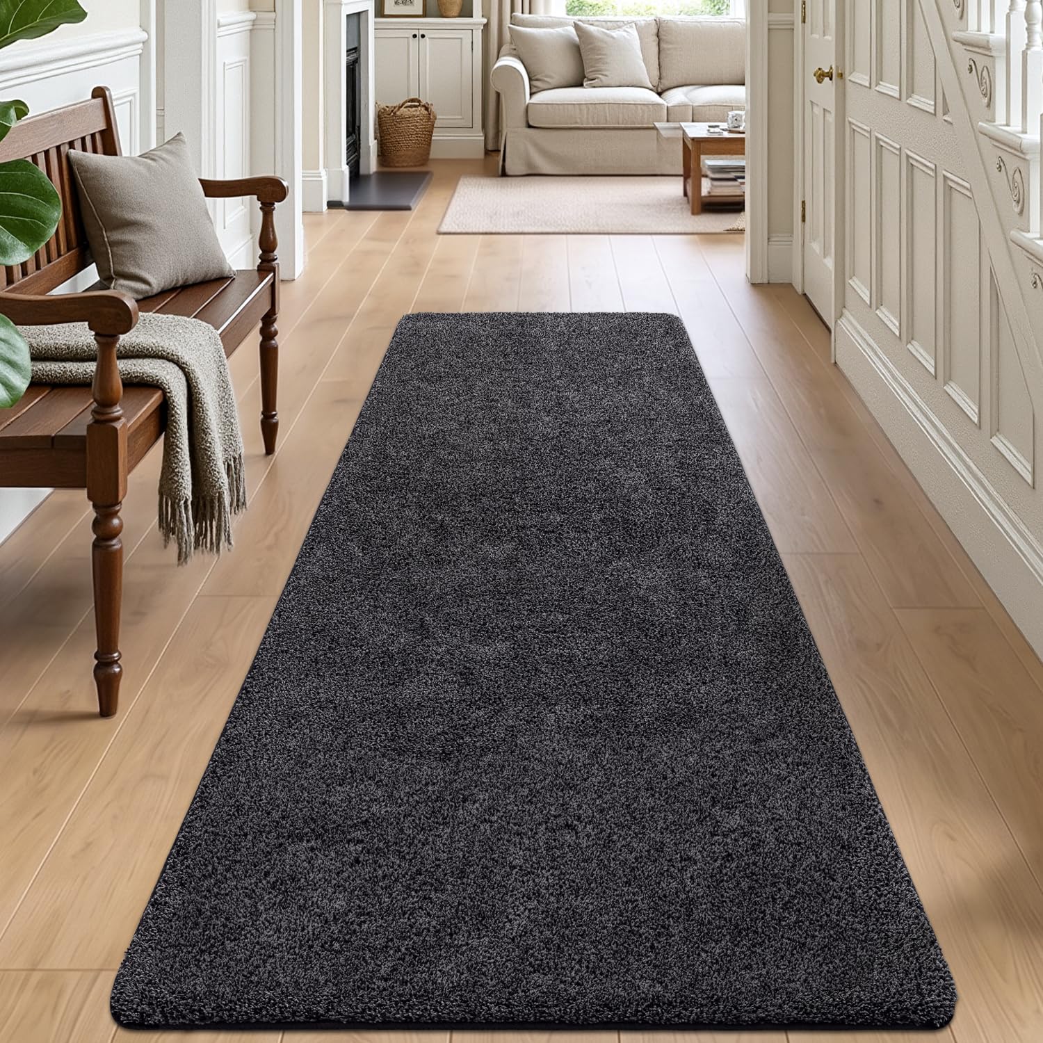DEXI Passatoia Corridoio 80 x 250 cm, Zerbino Ingresso Assorbente, Tappetino Antiscivolo Lavabile in Lavatrice per Cane, Porta, Nero-Grigio