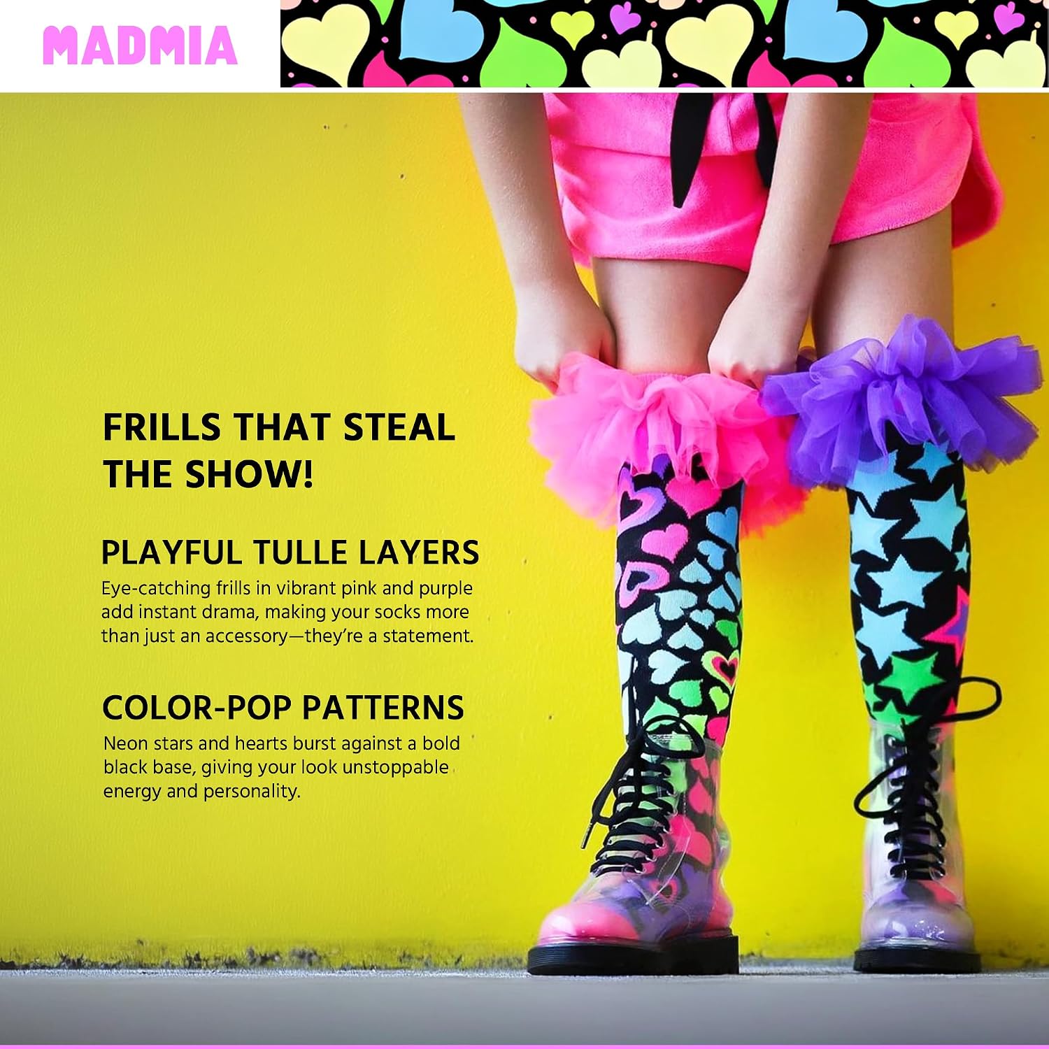 MADMIA Magic Frills Knee-High Socks – Colorful Dress-Up Socks for Toddlers Ages 3–5, Fun Crazy Sock Day Gift
