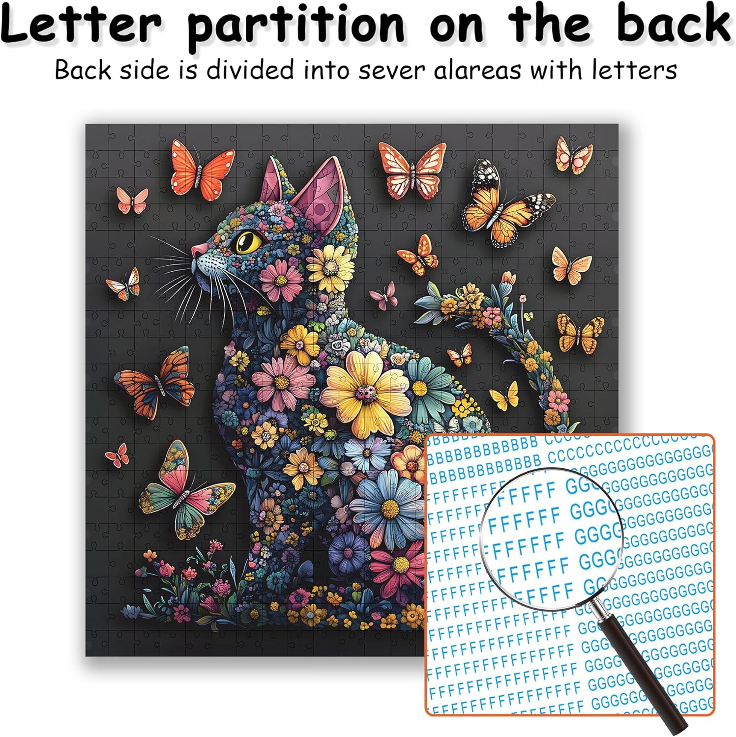 Cat 1000 Piece Puzzle for Adults, Butterfly Jigsaw Puzzles, Black Cat Flower Puzzle for Home Decor, Finished Size 23.98 * 23.98", with 1:1 Poster, Letter on The Back